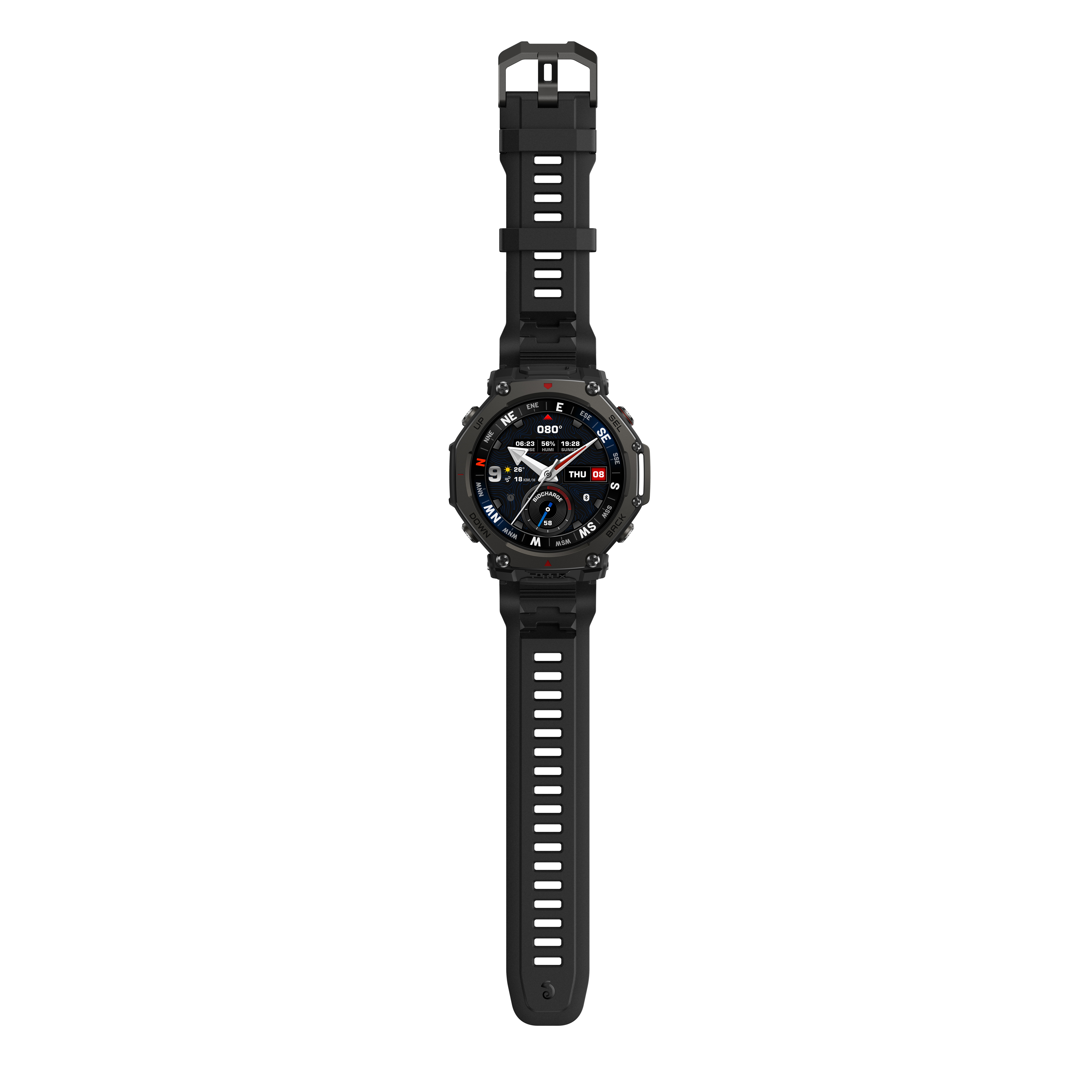 Czarny smartwatch z kompasem, pogodą i datą. Czarny pasek. Czarny ekran.