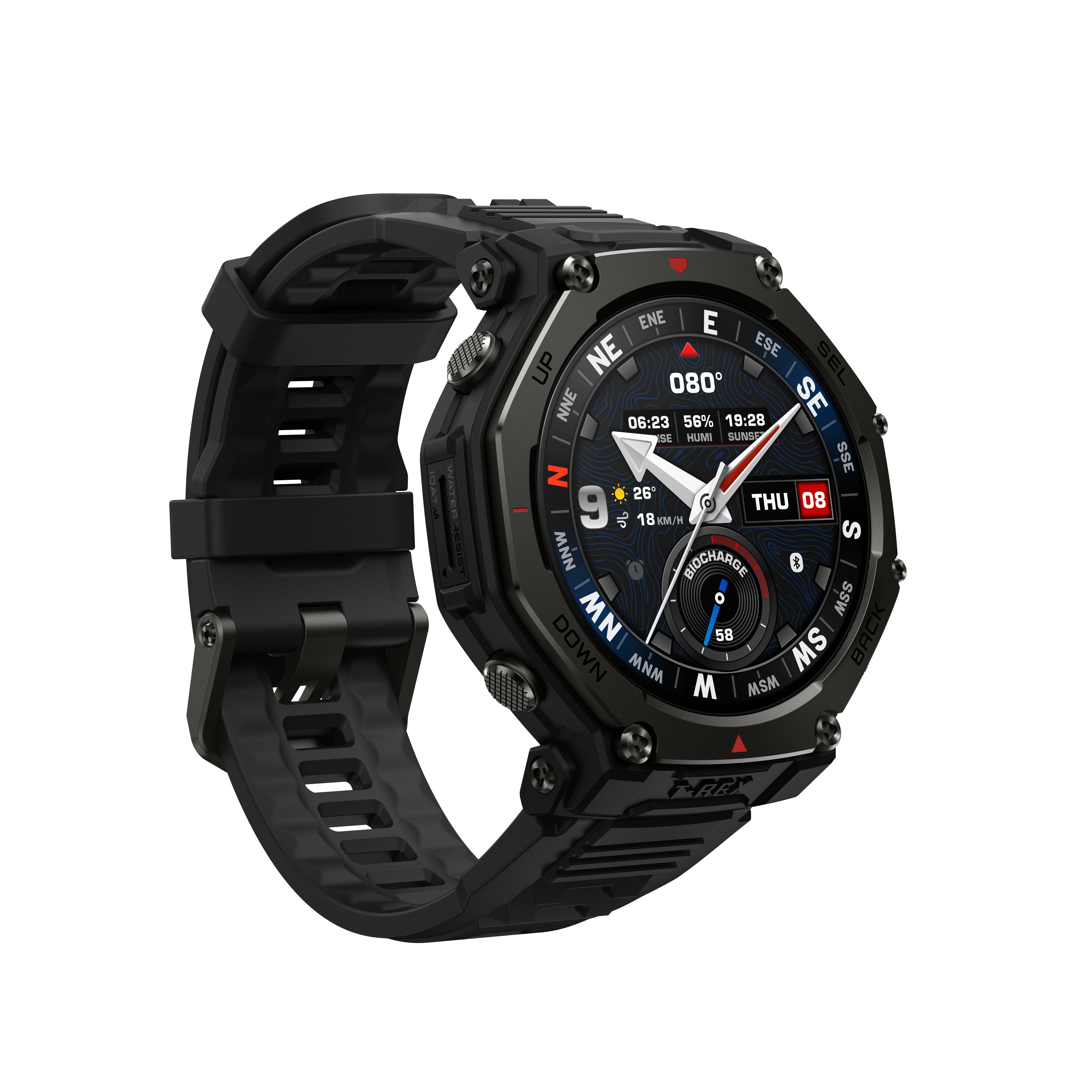 Czarny smartwatch z czarnym paskiem i szczegółową tarczą cyfrową.