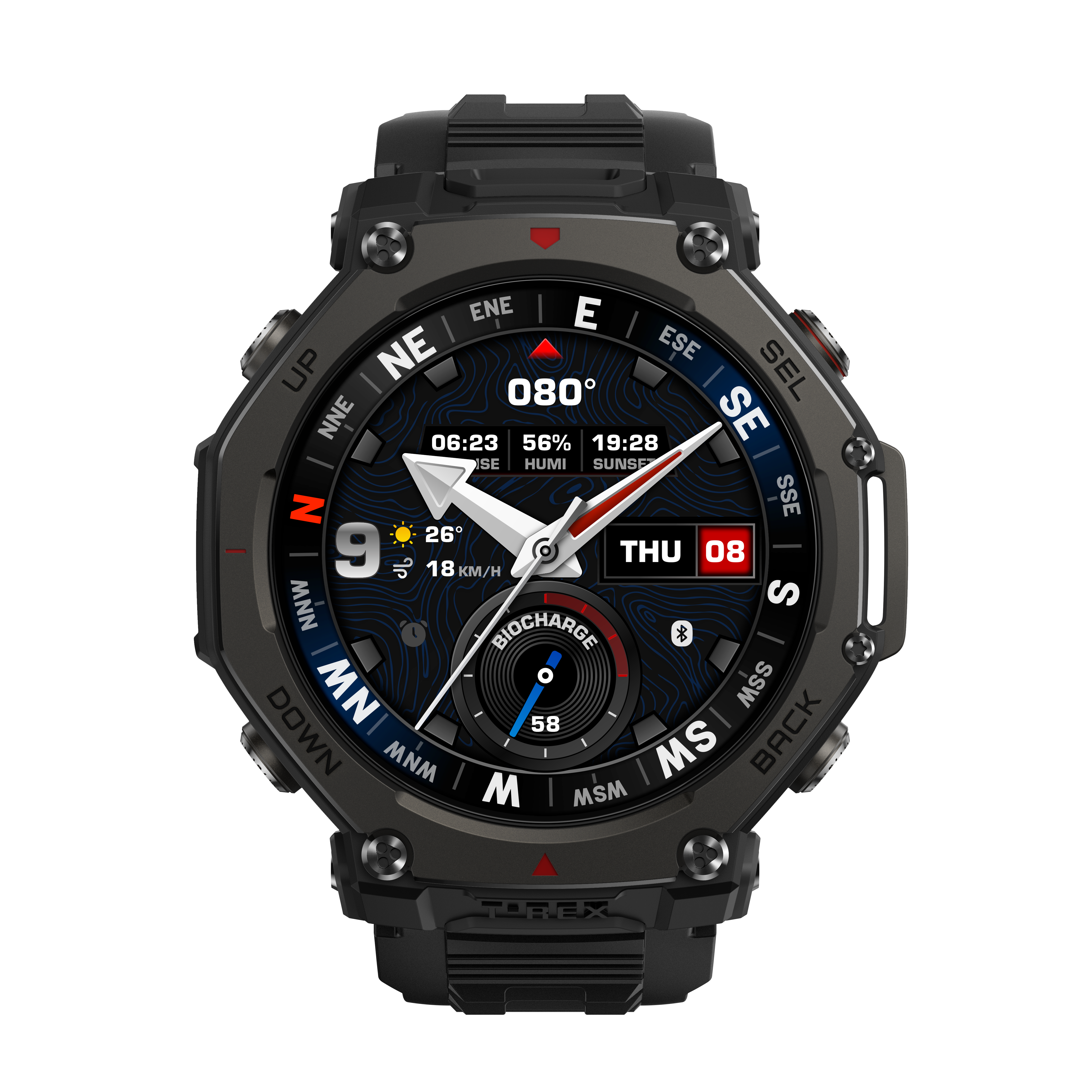 Szary smartwatch z ciemną tarczą wyświetla dane kompasu, czas i pogodę.