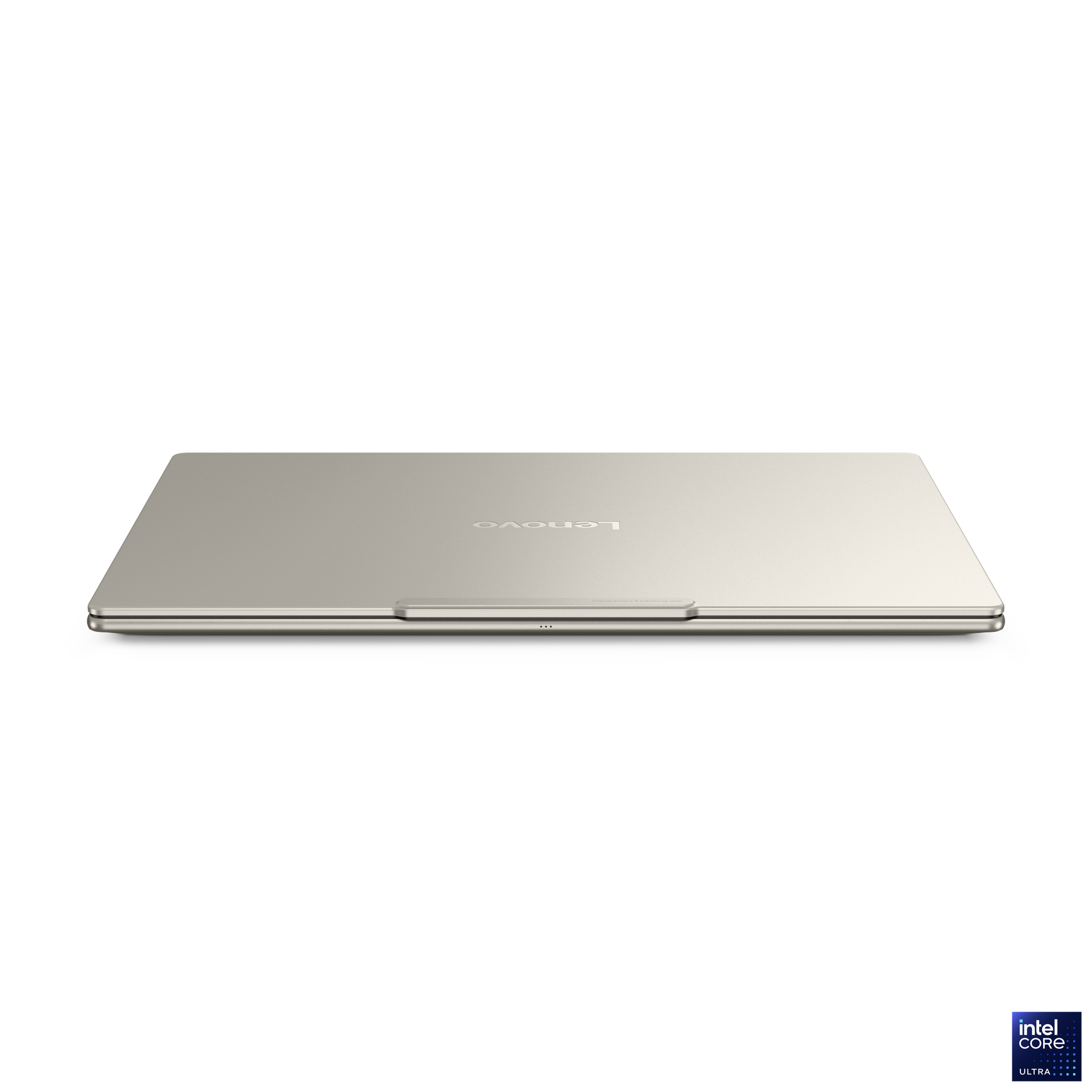 Intel Core Ultra logosuna sahip kapalı, açık gri Lenovo dizüstü bilgisayar.