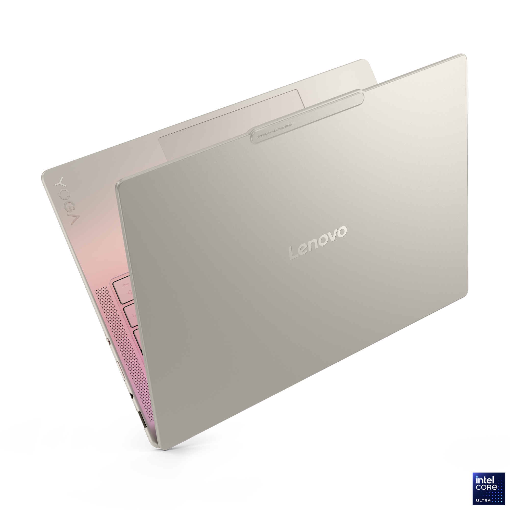 Kapalı, gümüş Lenovo Yoga dizüstü bilgisayar, Intel Core Ultra logolu.