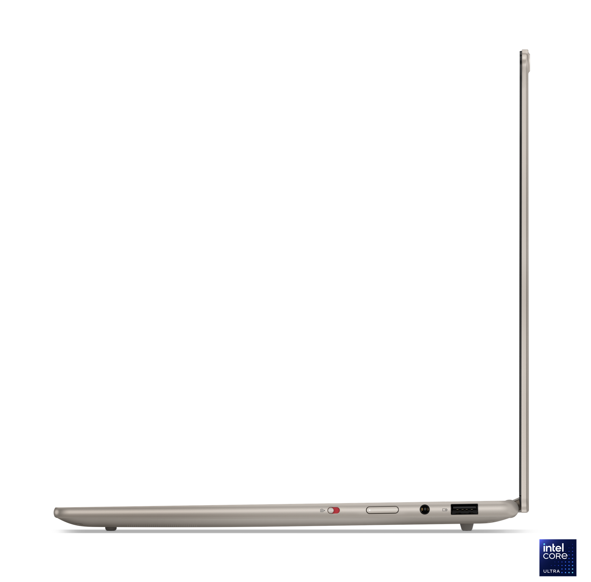 Bağlantı noktalarını ve Intel Core Ultra logosunu gösteren kapalı gümüş rengi bir dizüstünün yan görünümü.
