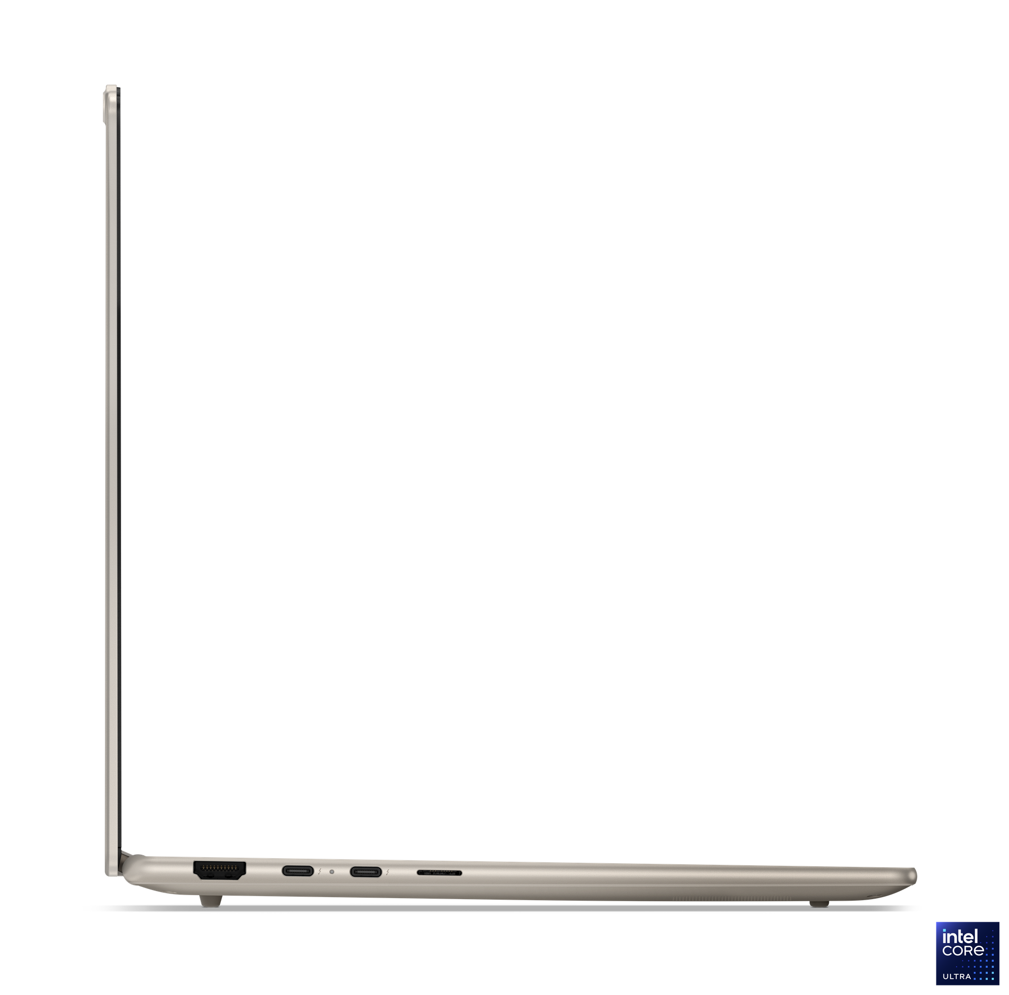 Portları ve Intel Core Ultra logosunu gösteren açık bej dizüstü bilgisayarın yandan görünüşü.
