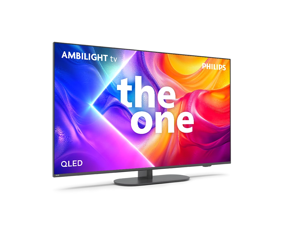 Telewizor Philips Ambilight QLED wyświetlający napis 'the one'.