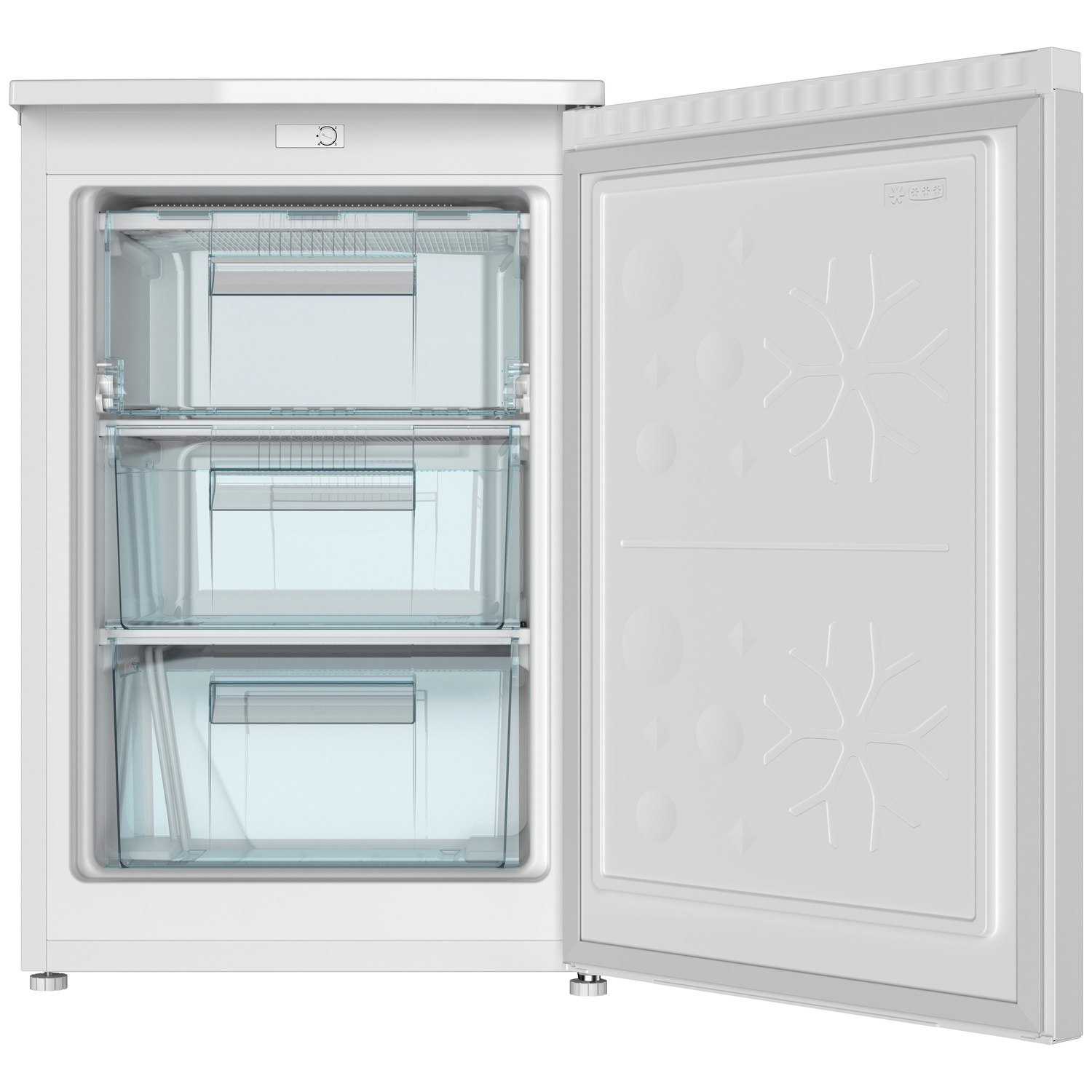 A white upright freezer with its door open, showing three drawers and a snowflake pattern.