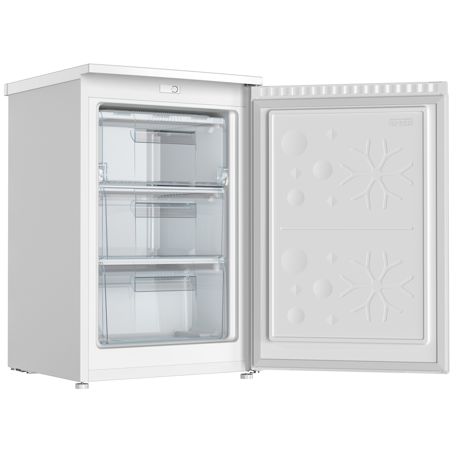 A white freezer with its door open, revealing three transparent drawers inside.