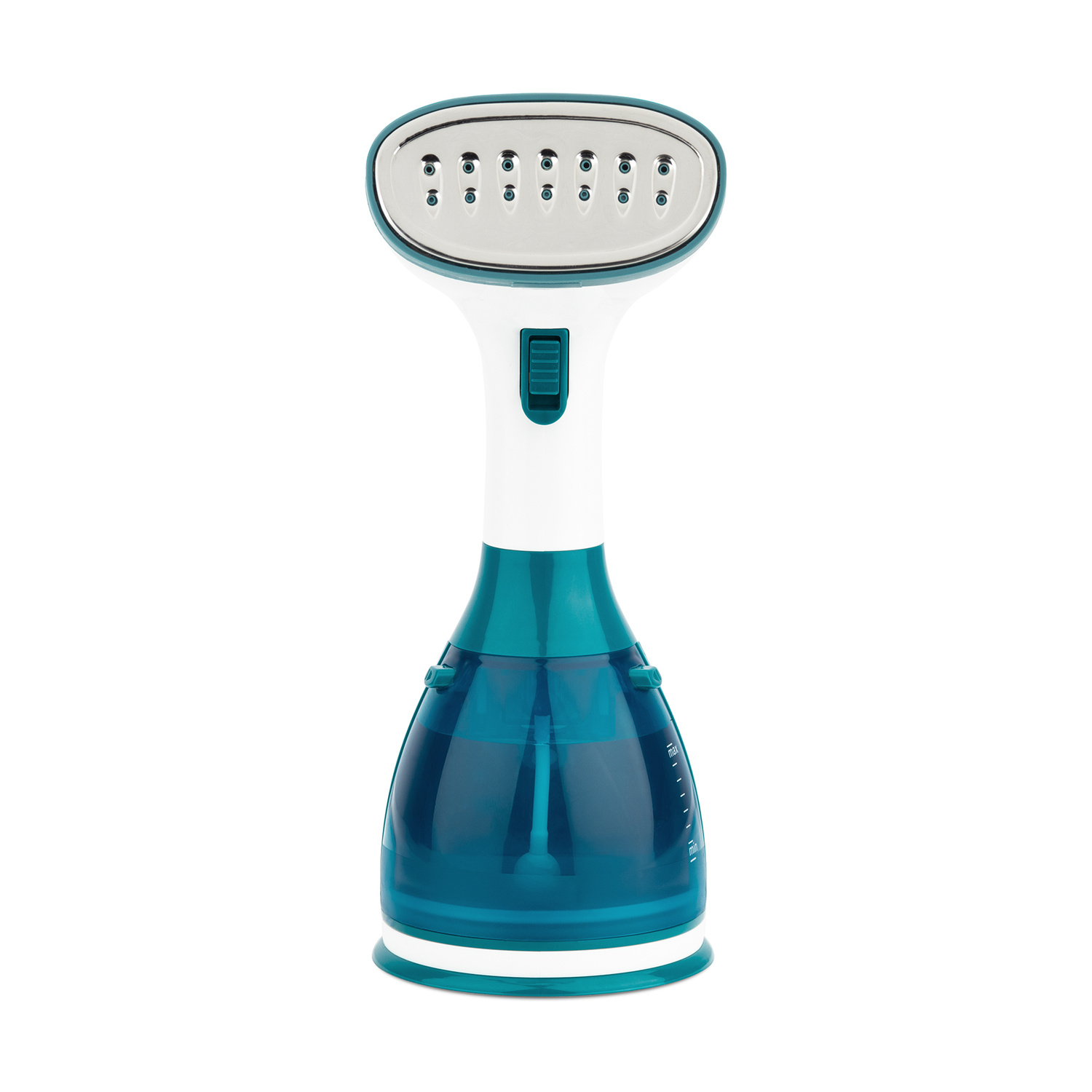 Un vaporizzatore per abiti portatile bianco e turchese con serbatoio dell'acqua trasparente.
