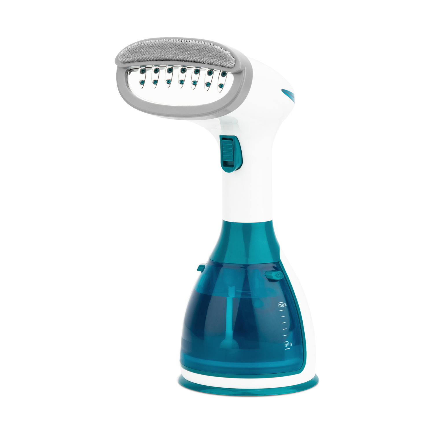 Un vaporizzatore per abiti portatile bianco e turchese con spazzola per tessuti.