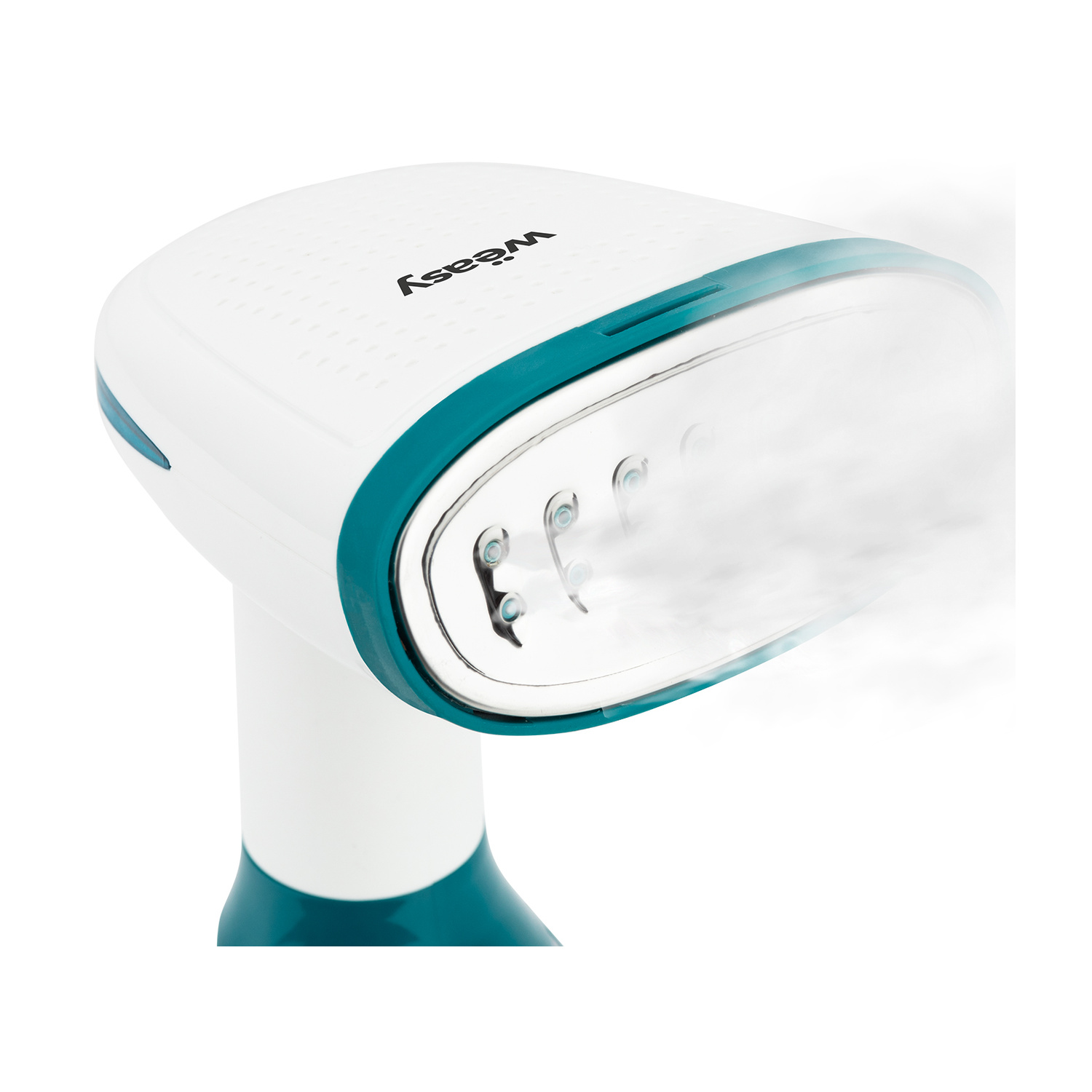 Un vaporizzatore bianco con accenti turchesi, che emette vapore.