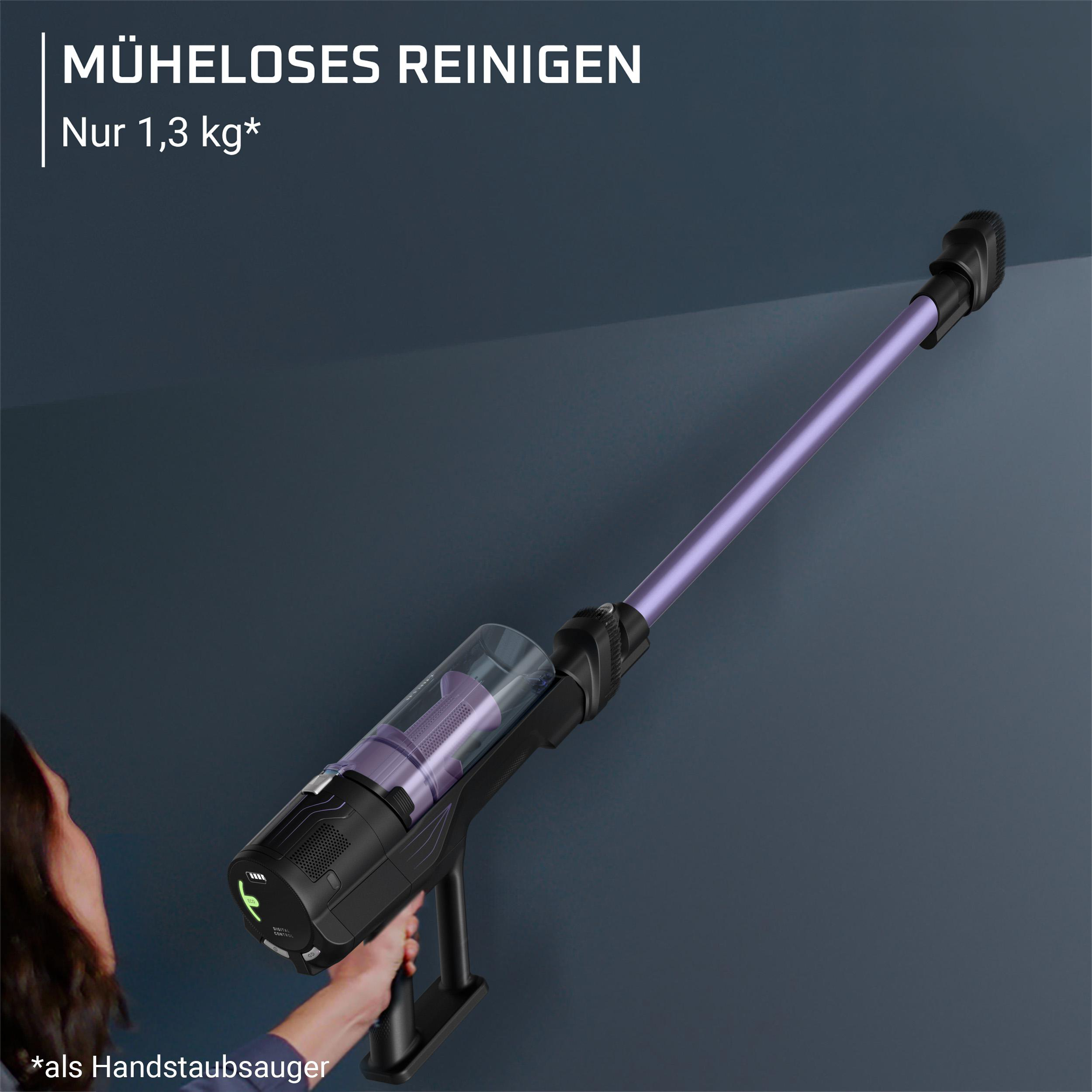 Ein violetter Stielstaubsauger wird von einer Hand gehalten, der Text lautet: Müheloses Reinigen.