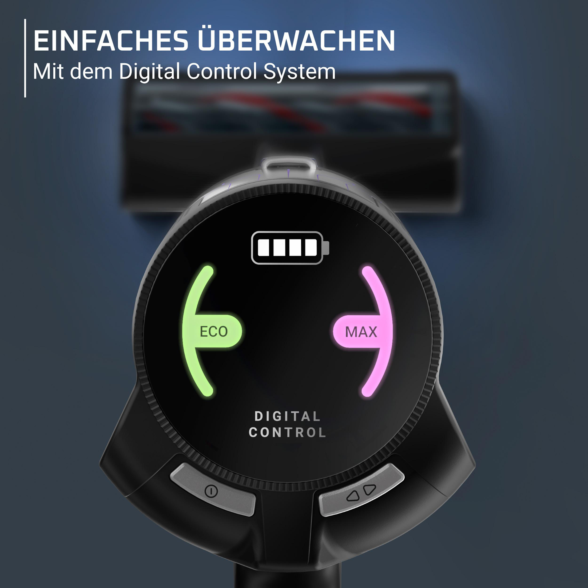 Digitaler Steuerungsbildschirm eines Staubsaugers mit Akkuanzeige und Modi.