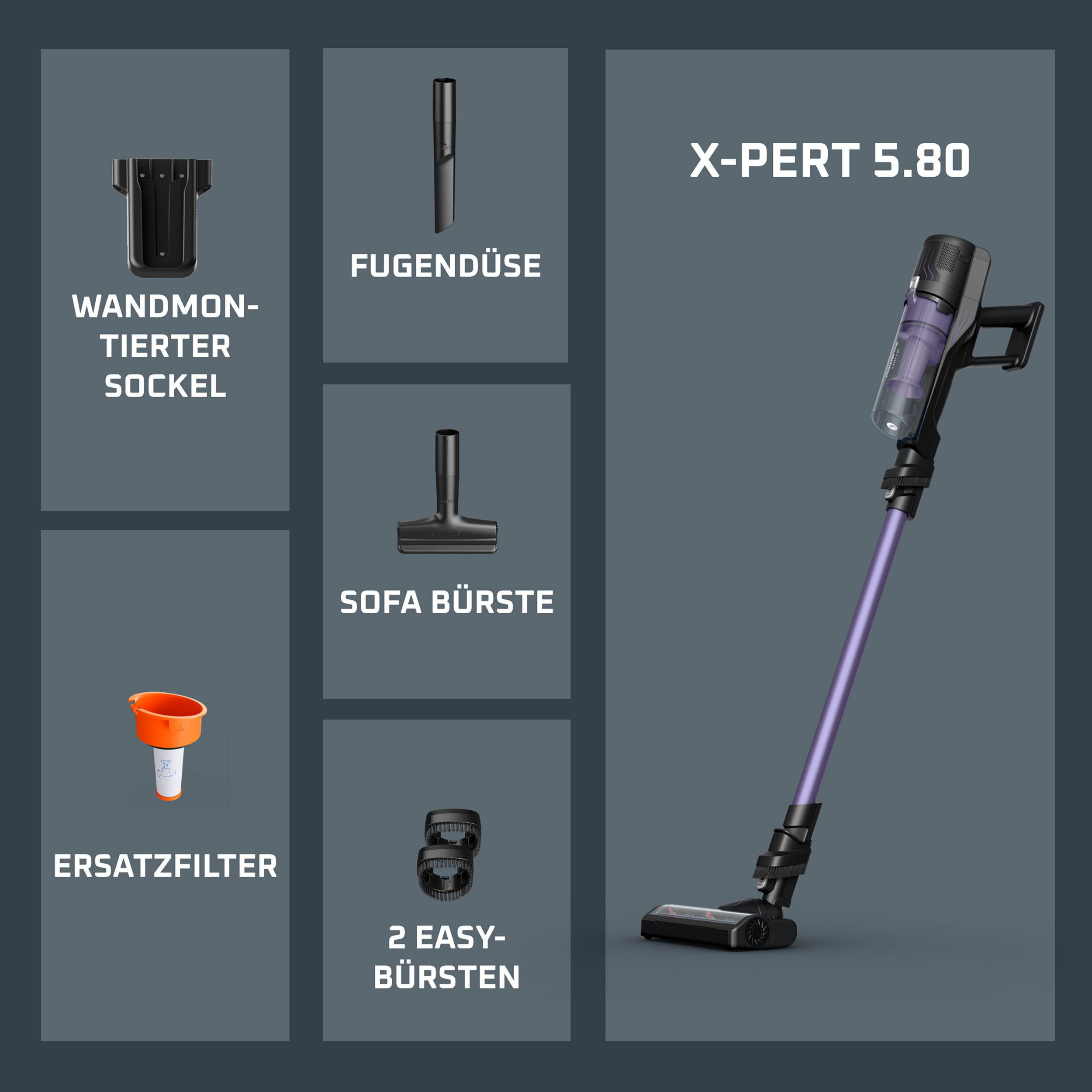 Ein violetter Akkustaubsauger mit Zubehör: Wandhalterung, Fugendüse, Sofabürste, Ersatzfilter, 2 Bürsten.