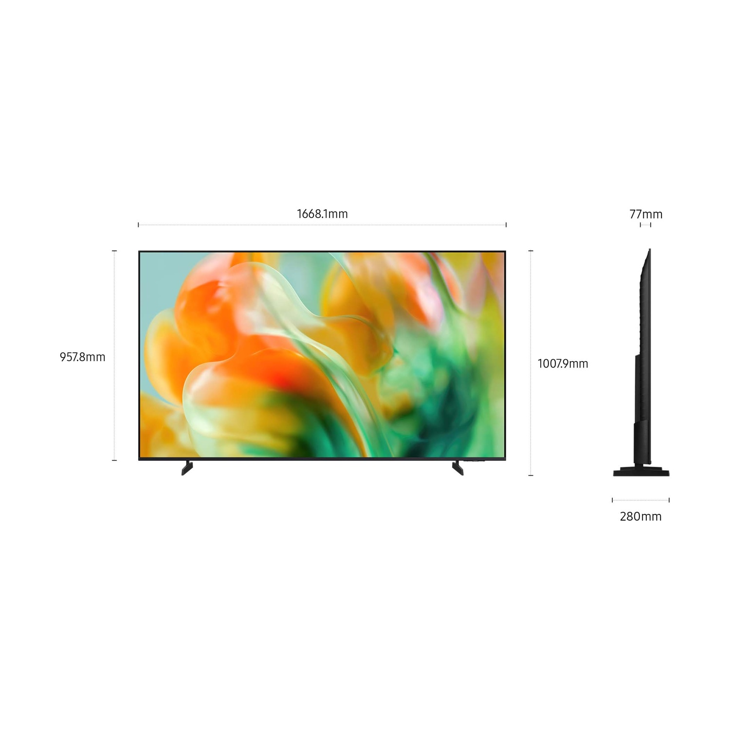 Un TV a schermo piatto largo 1668,1 mm, alto 957,8 mm e profondo 77 mm.