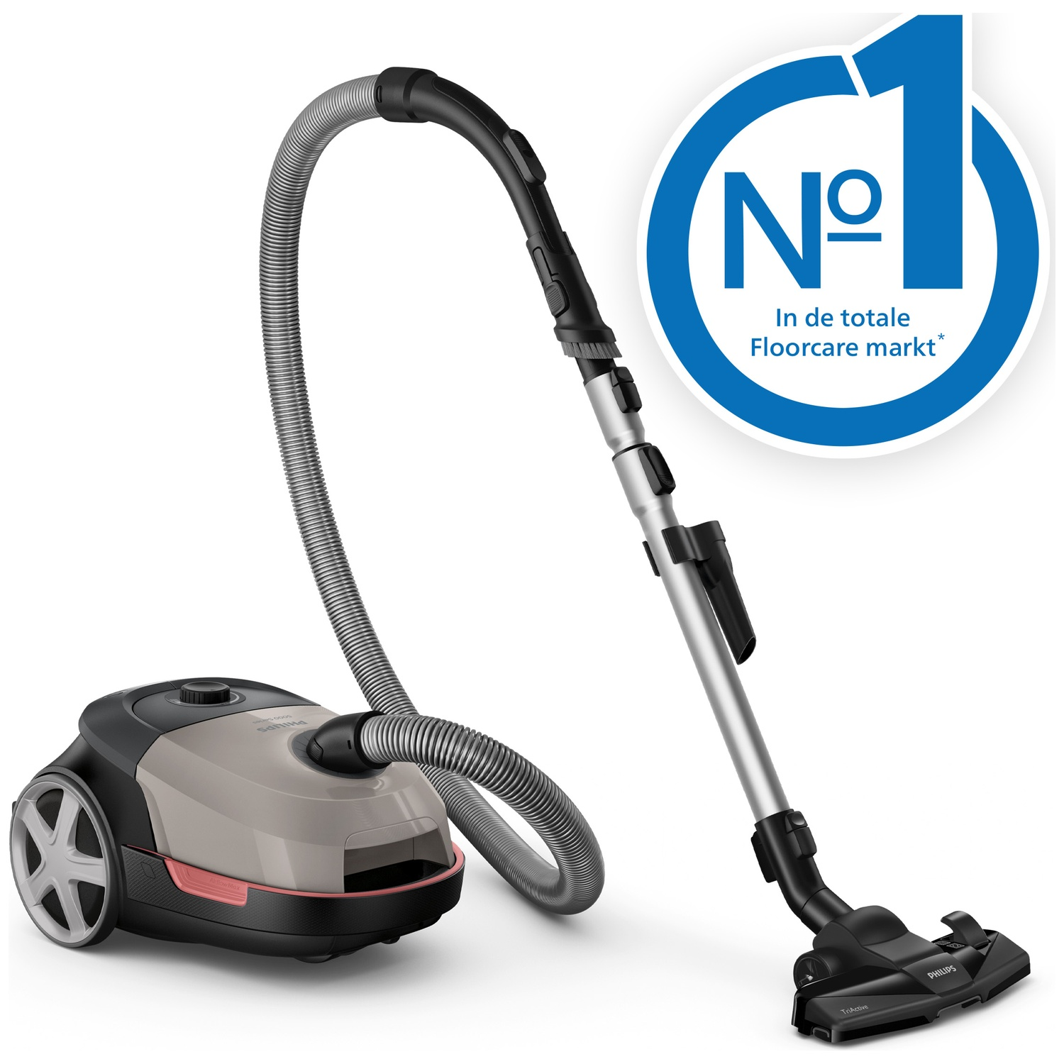 A beige Philips vacuum cleaner with hose and nozzle, with a No. 1 logo to the left.