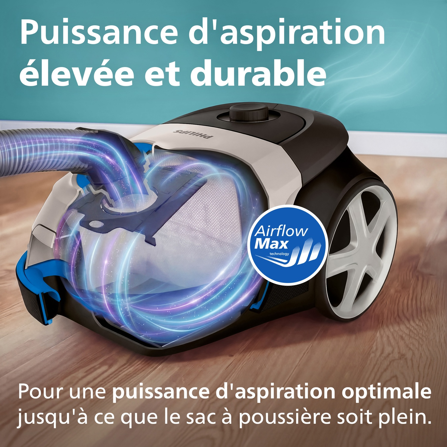 Aspirateur avec puissance d'aspiration élevée et durable, technologie Airflow Max.