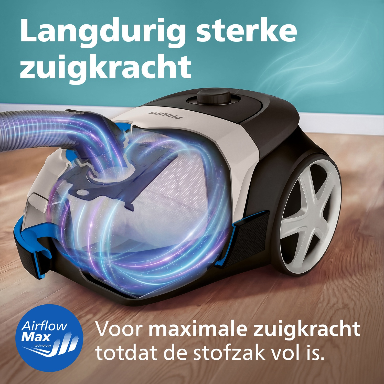 A vacuum cleaner with visible airflow, promising maximum suction power.
