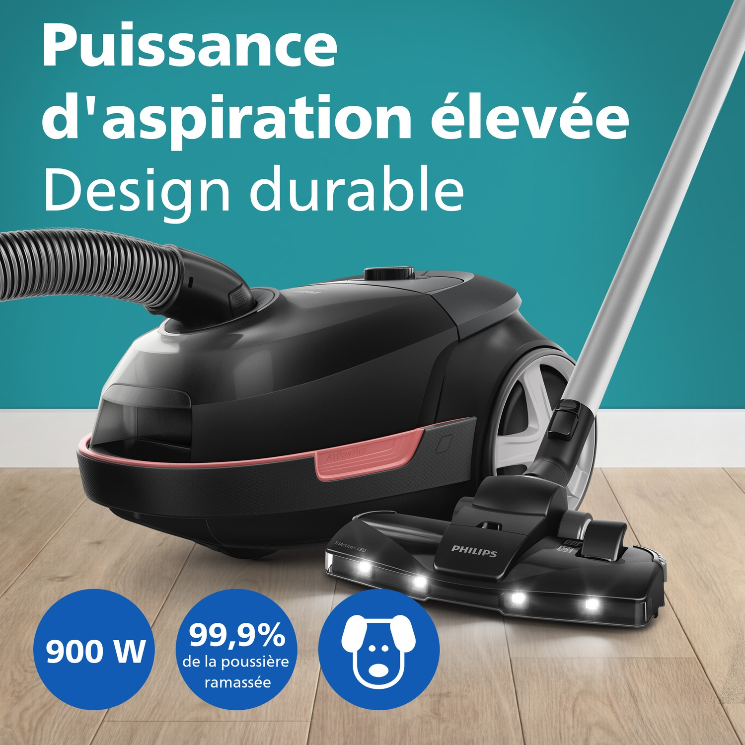 Aspirateur Philips noir au design épuré, 900W, 99,9% d'absorption de poussière.