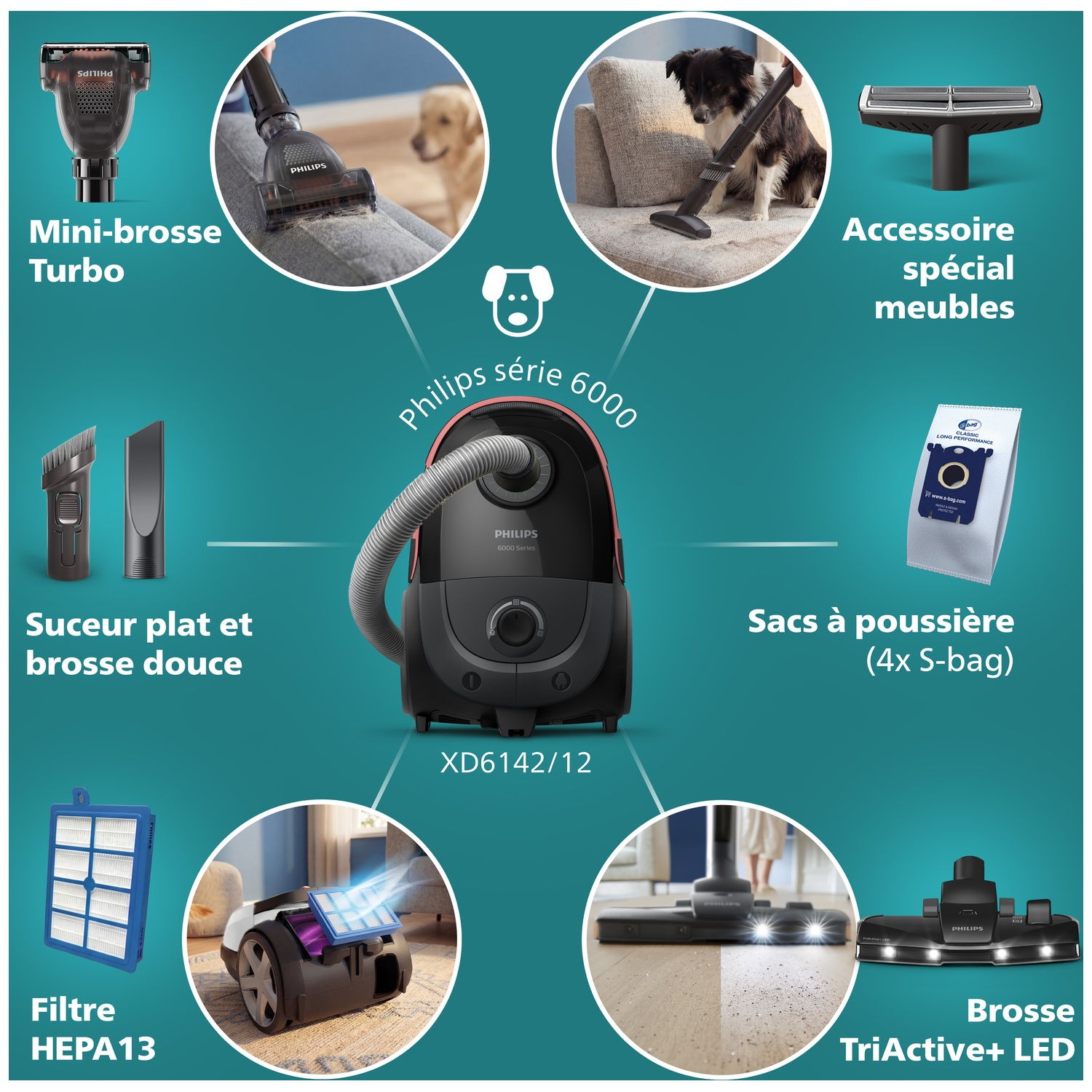 Aspirateur Philips XD6142/12 avec accessoires : mini-brosse, accessoire meubles, filtre et sacs.