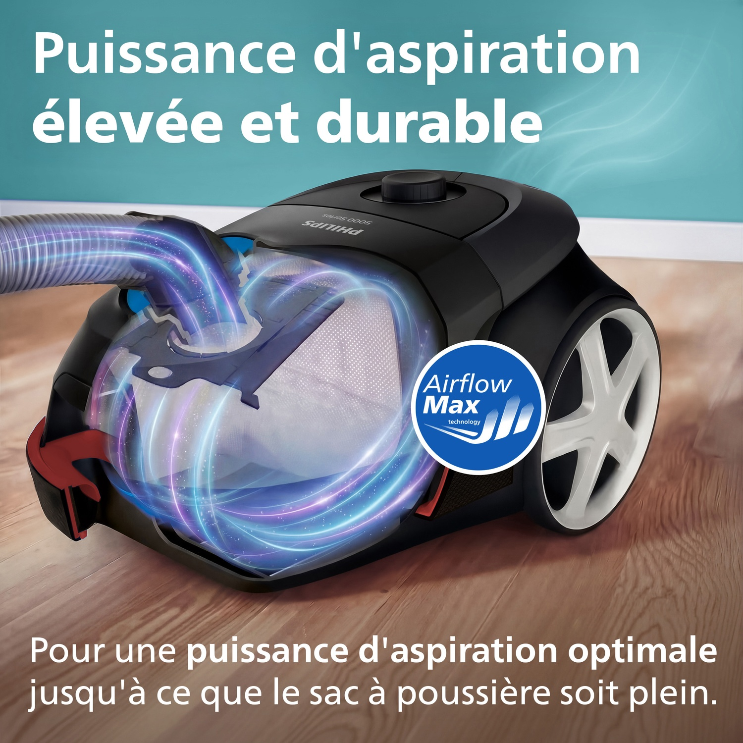 Aspirateur noir avec technologie Airflow Max et tourbillons bleus.