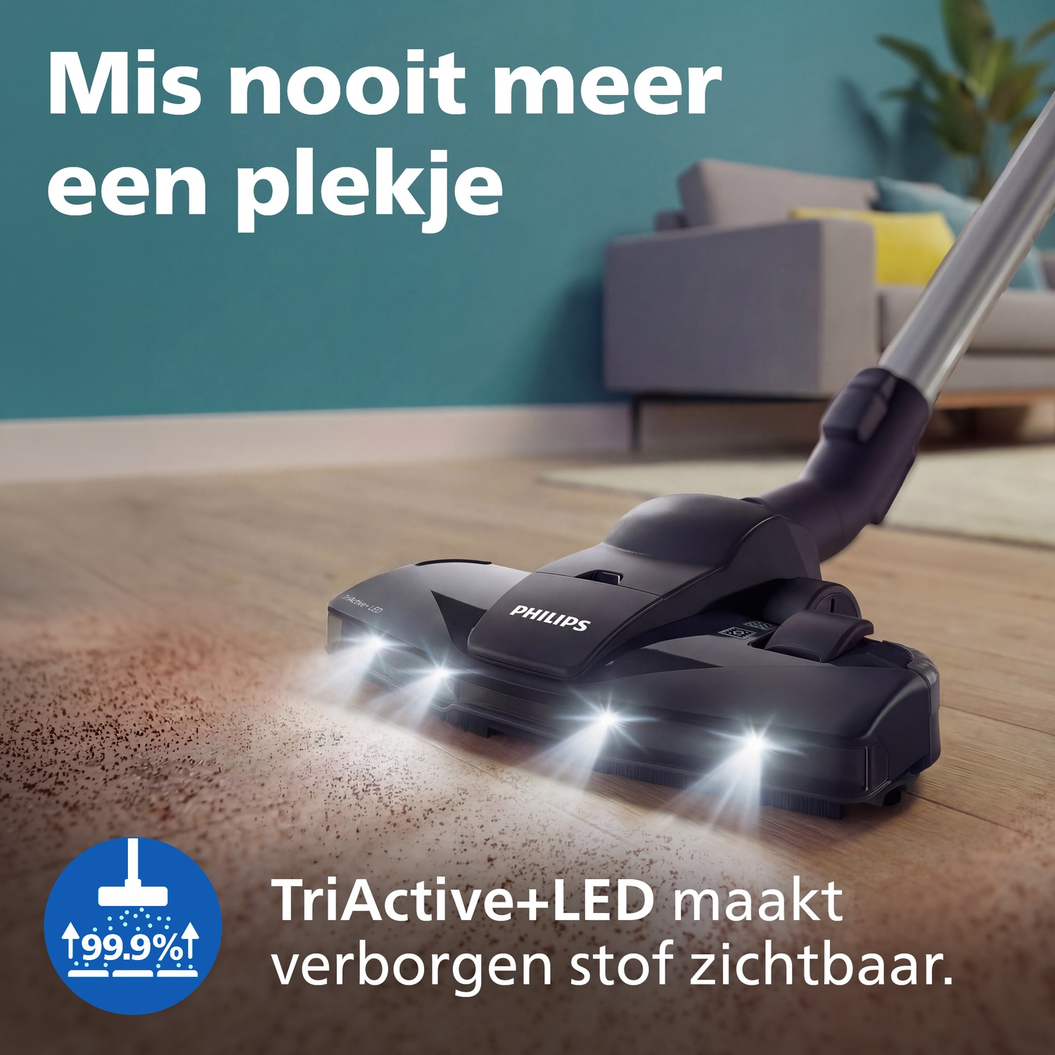 A black vacuum cleaner head with LED lights cleans a wooden floor.