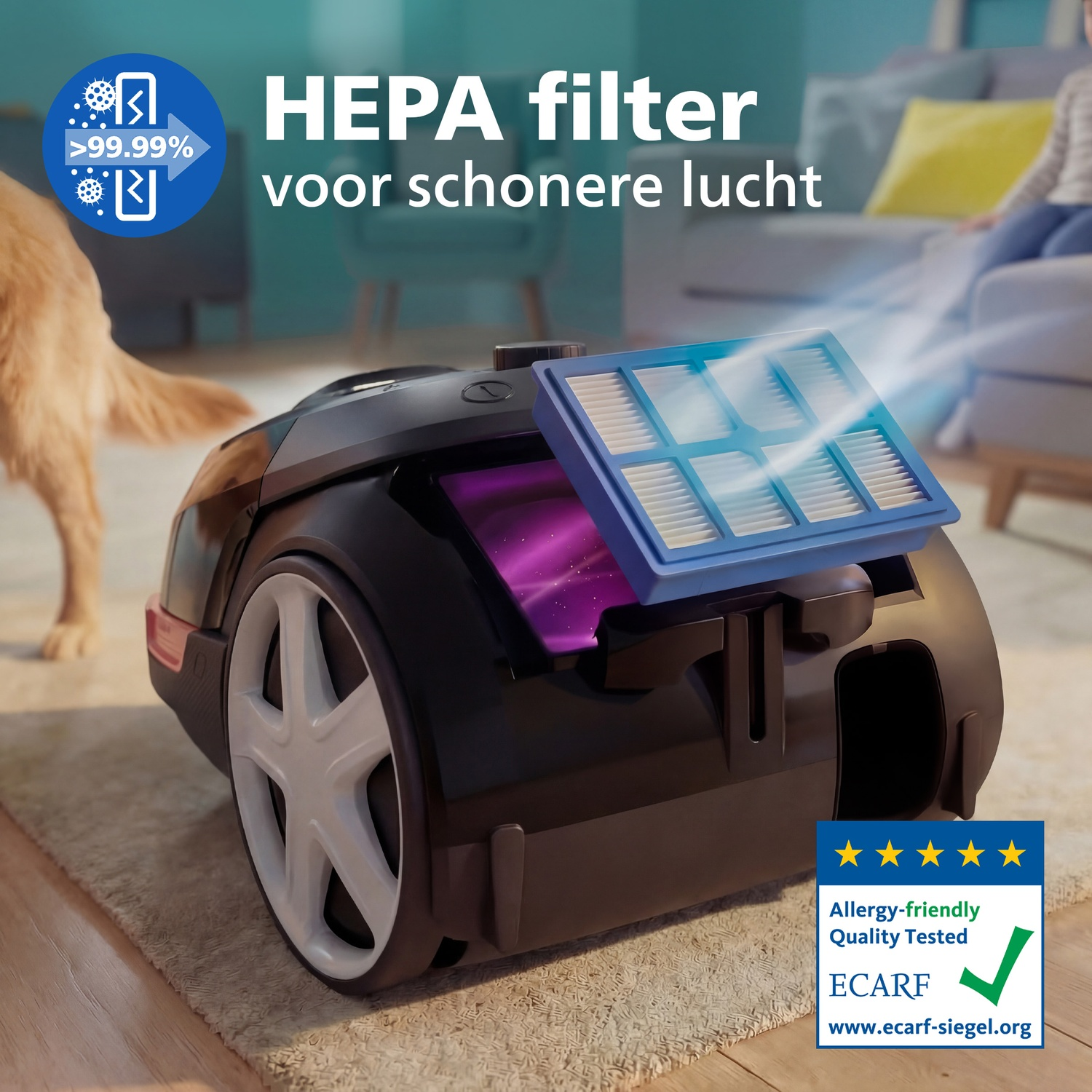 A vacuum cleaner with a HEPA filter cleaning the air. A dog in background.