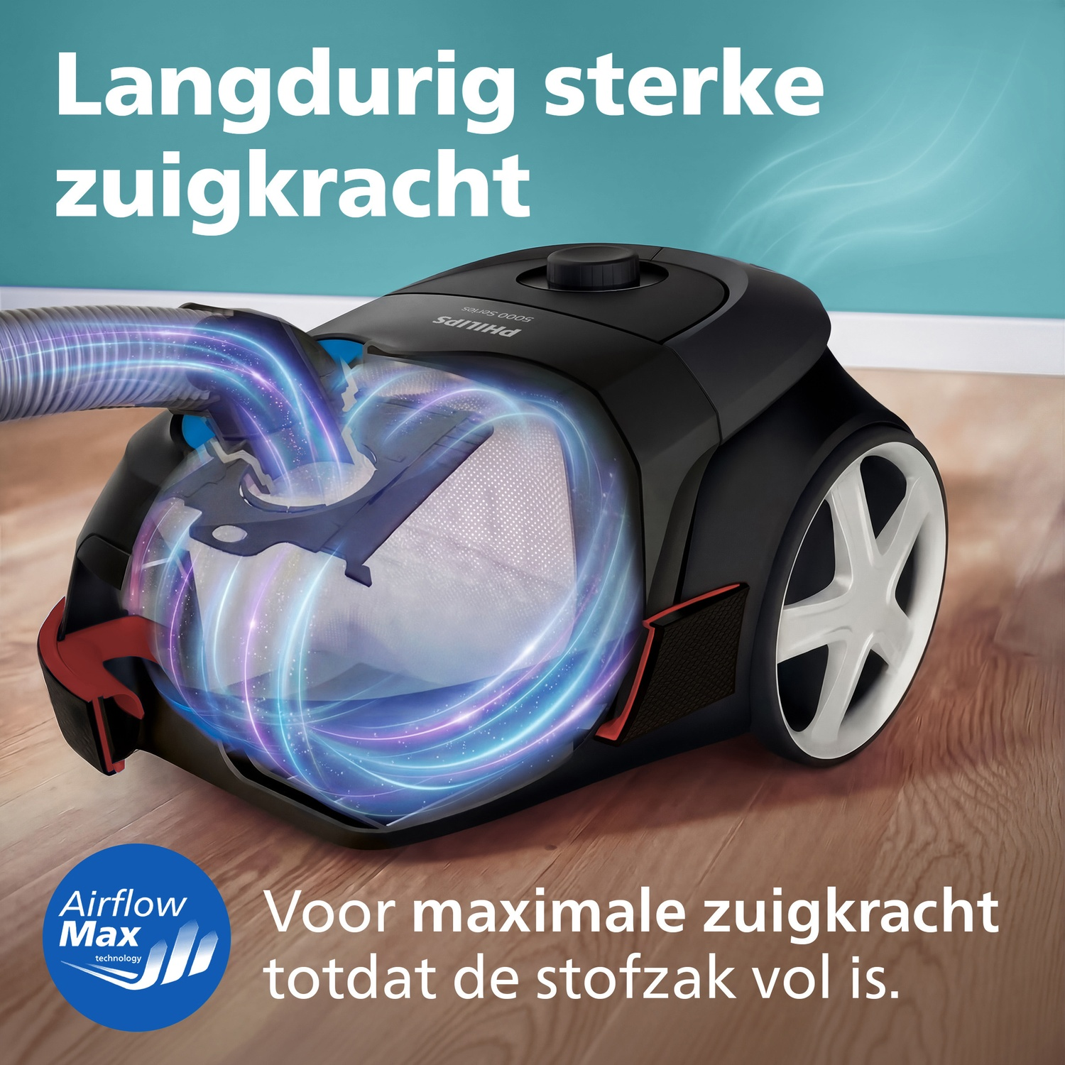 Black Philips vacuum cleaner with blue and purple airflow visualizations.
