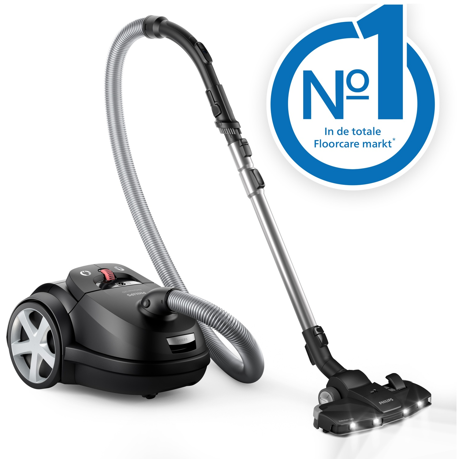 Black Philips vacuum cleaner with silver hose and brush, with No.1 logo.