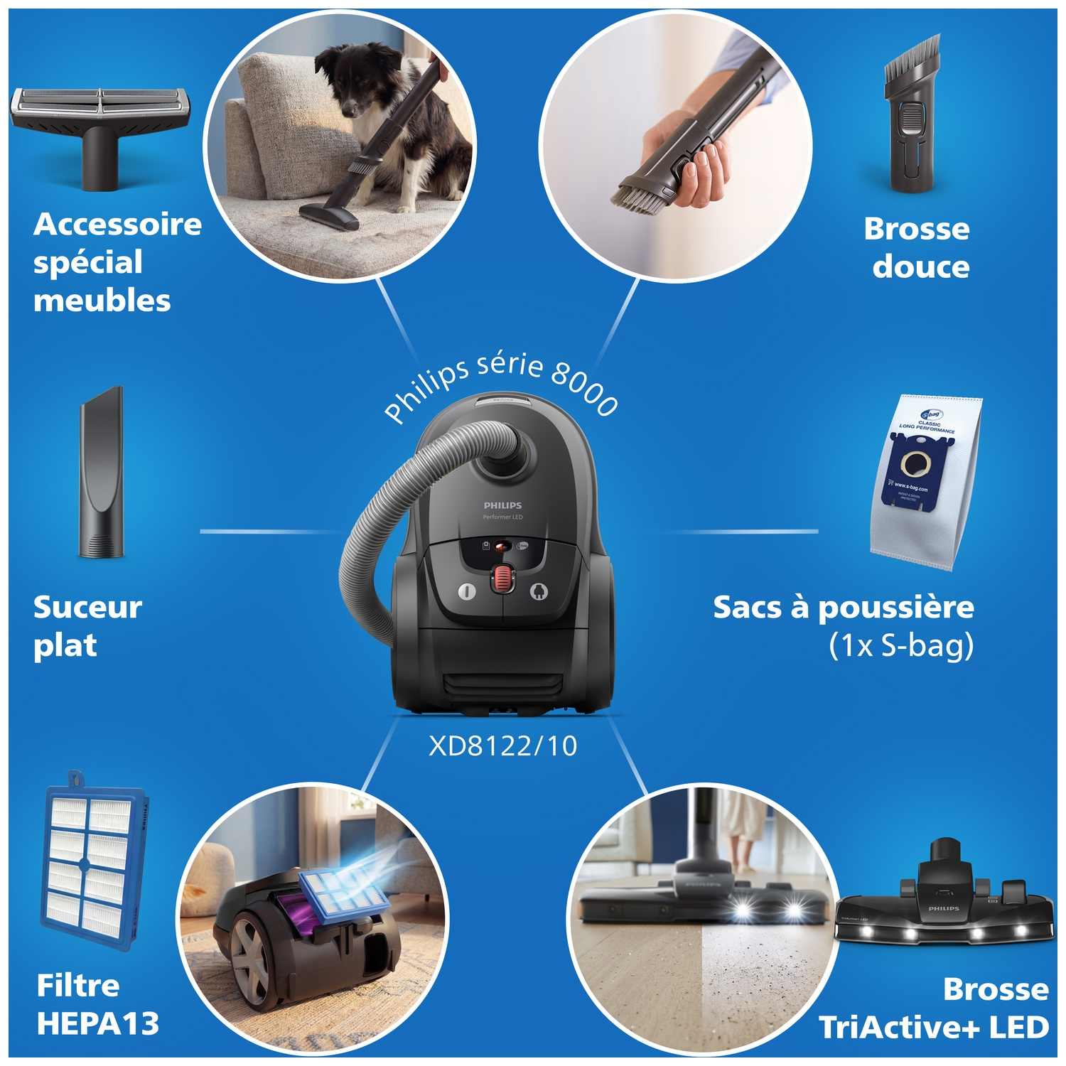 Aspirateur Philips Série 8000 avec accessoires : brosse meubles, suceur plat, filtre HEPA13.