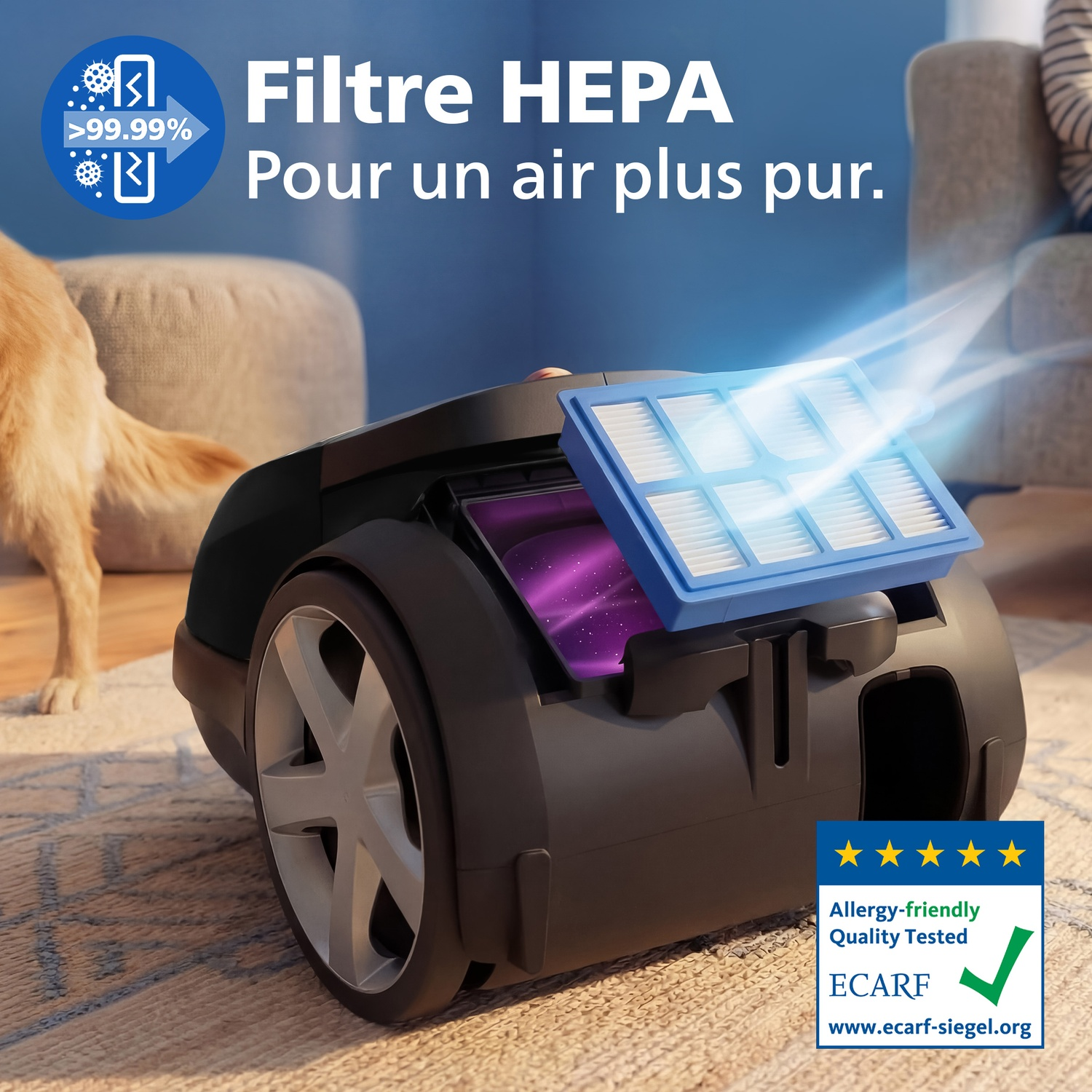 Un aspirateur avec filtre HEPA montre un air pur. Un chien à l'arrière-plan.