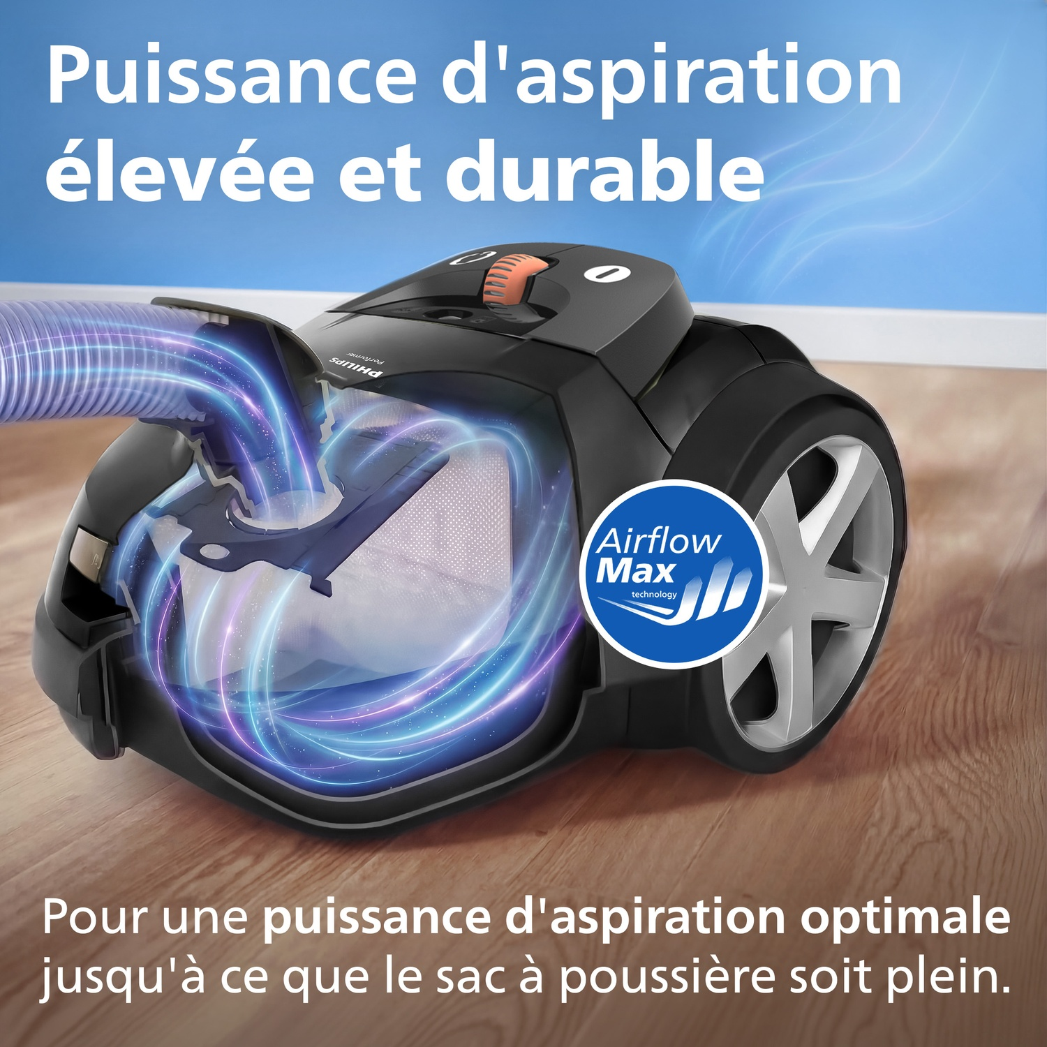 Aspirateur noir avec technologie Airflow Max, aspirant la poussière.