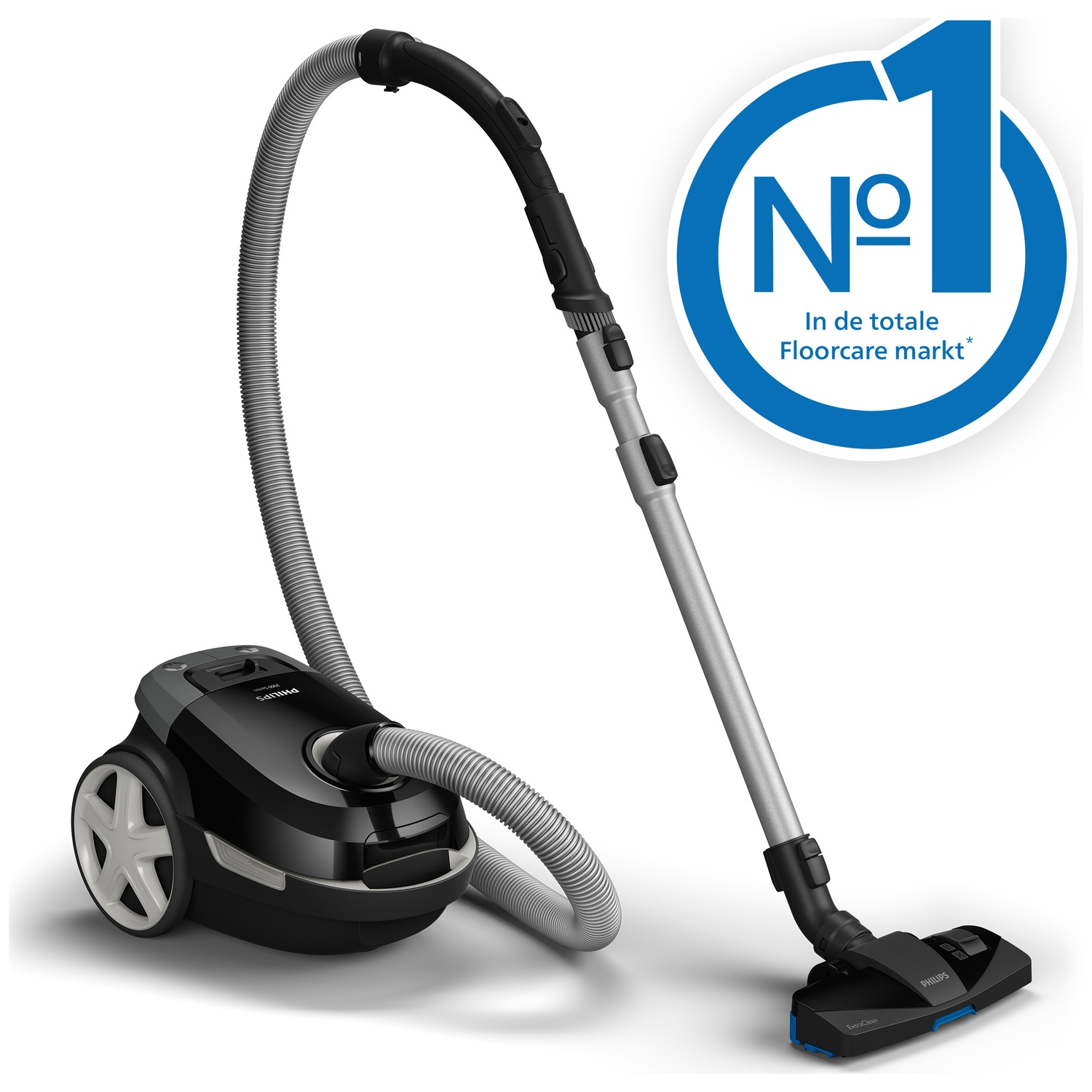 Black Philips vacuum cleaner with silver wand and brush. No. 1 logo.