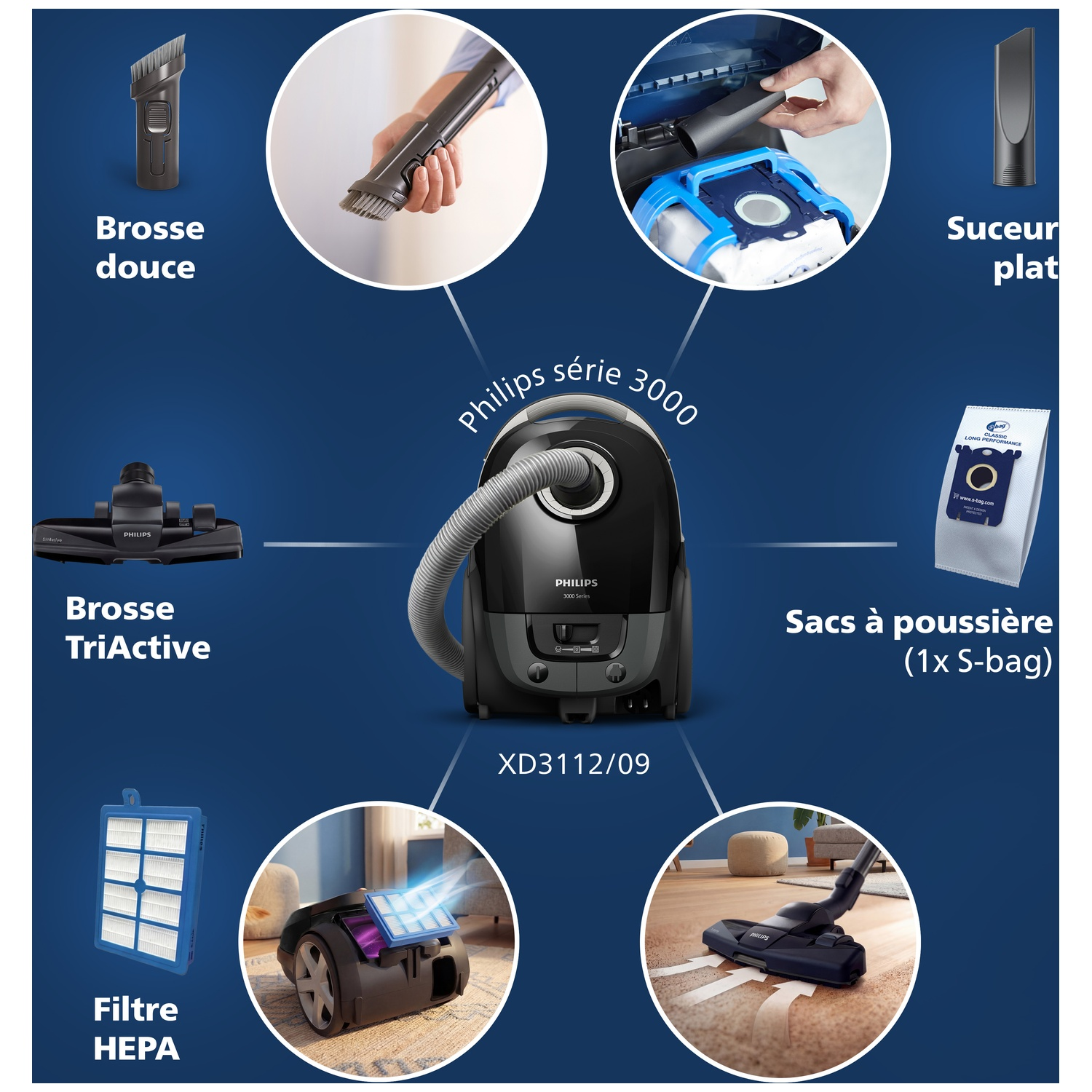 Aspirateur Philips Série 3000 avec accessoires : brosses, filtre, sacs.