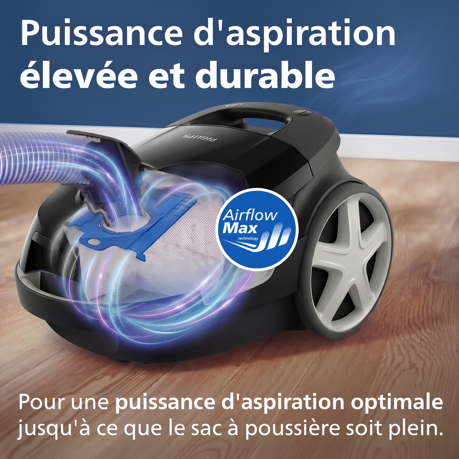 Aspirateur noir avec tuyau bleu et effet tourbillon. Technologie Airflow Max.