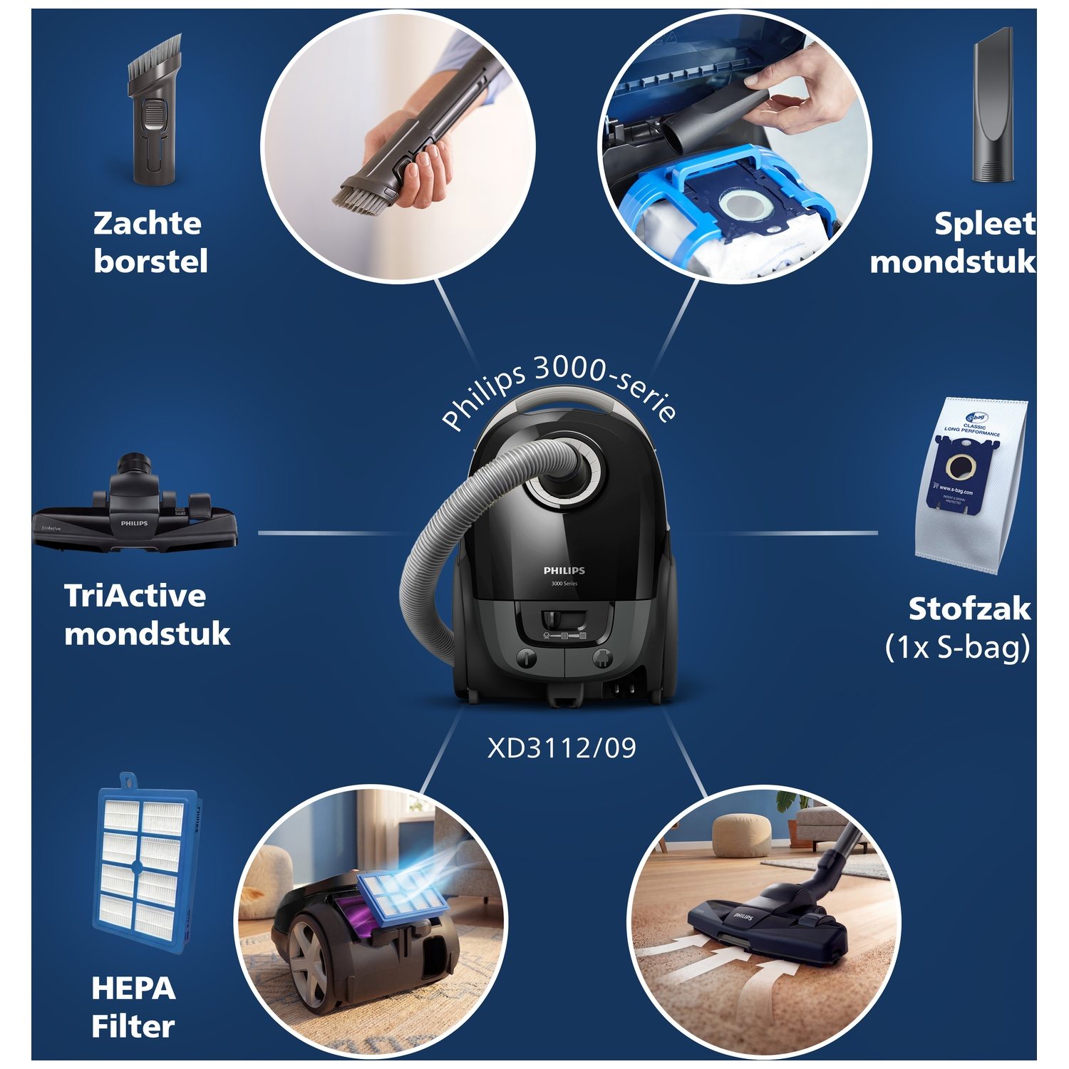 Philips vacuum cleaner XD3112/09 with accessories: brush, crevice tool, TriActive nozzle, HEPA filter, dust bag.