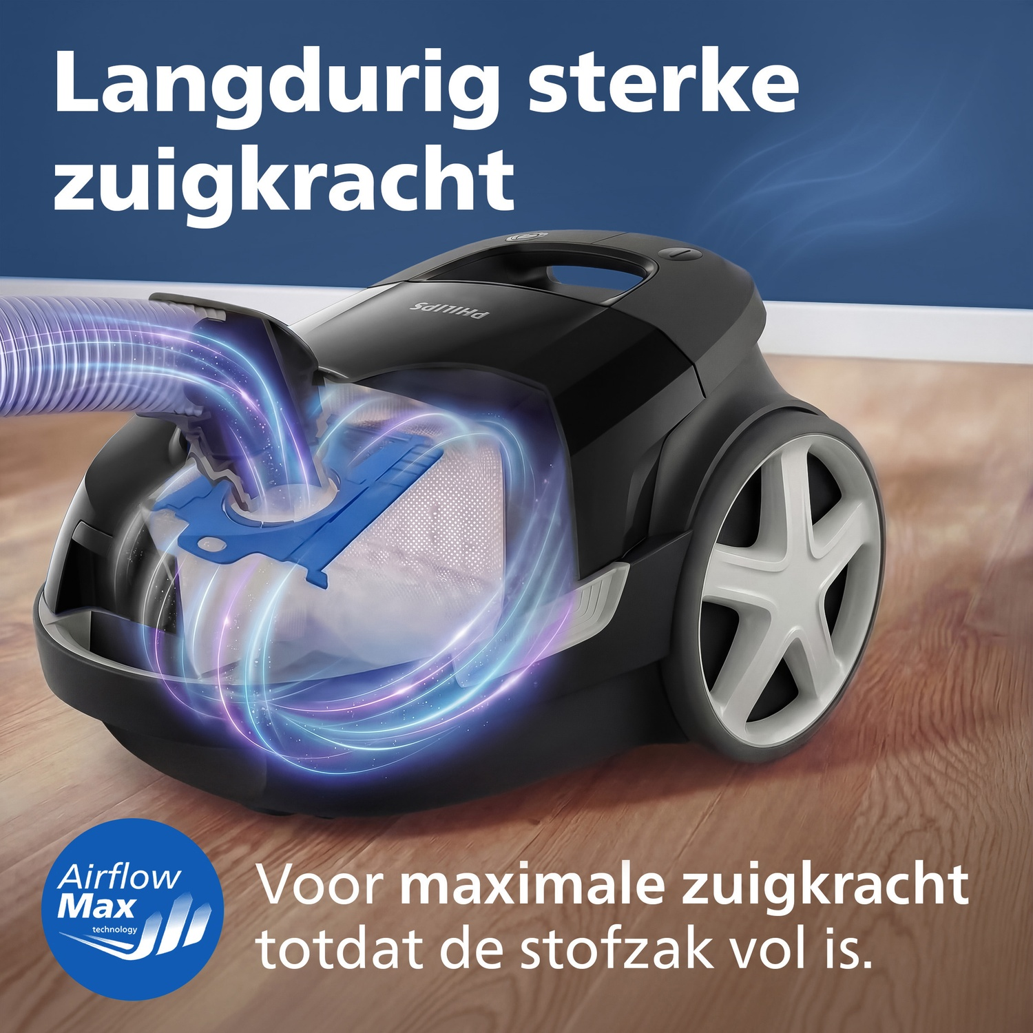 Black vacuum cleaner with hose and blue dust filter, with swirling effects.
