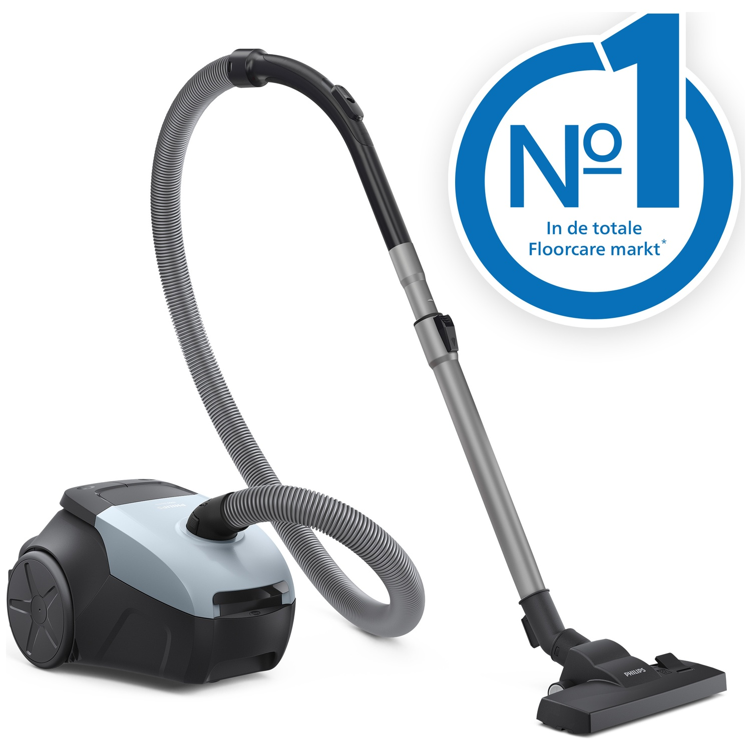 A Philips vacuum cleaner with blue and black body and a blue No. 1 logo.