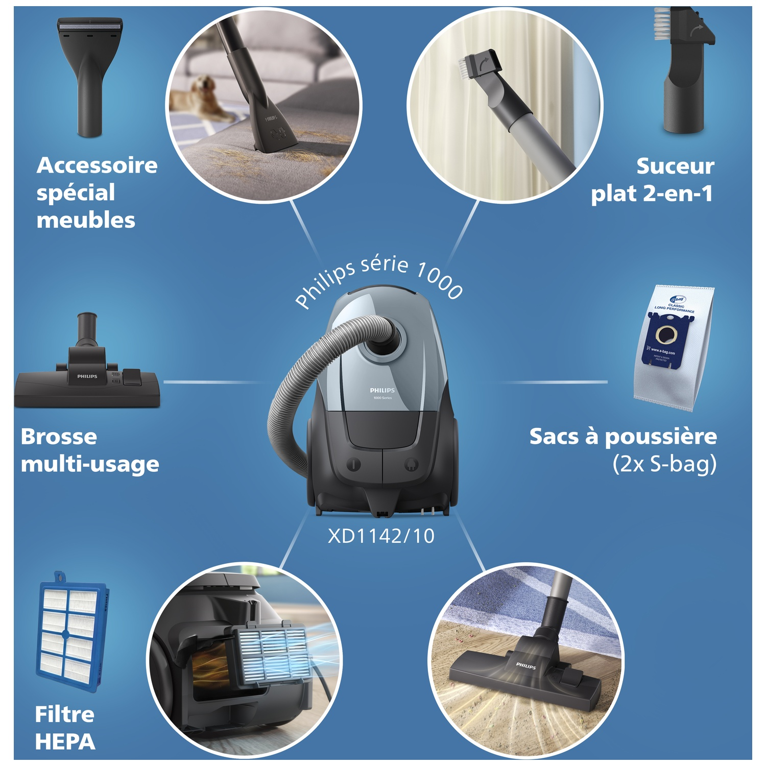 Philips 1000 Series XD1142/10 vacuum cleaner with accessories: furniture nozzle, crevice tool, HEPA filter, dust bags.