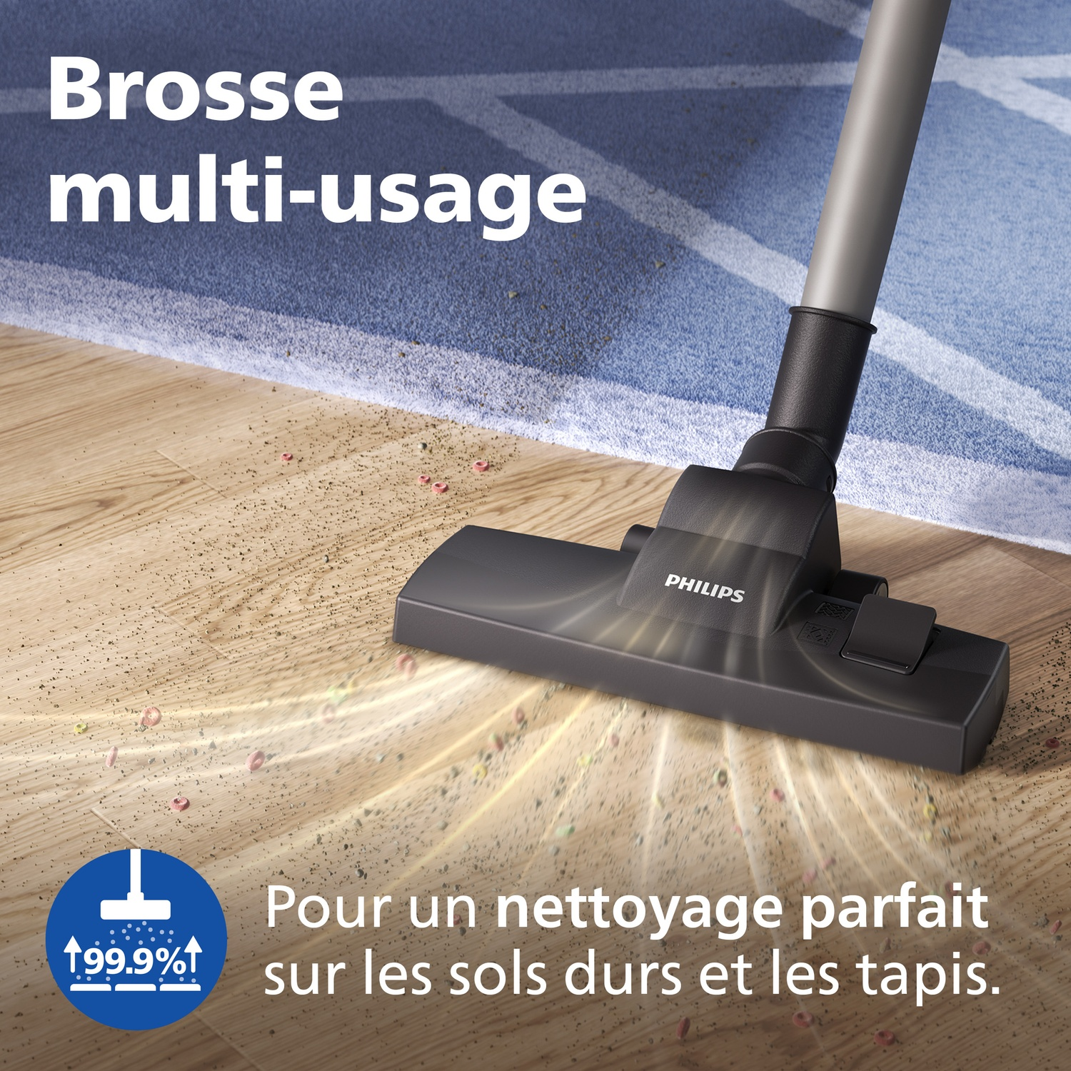 A Philips vacuum cleaner head cleans dirt from wood and carpet.