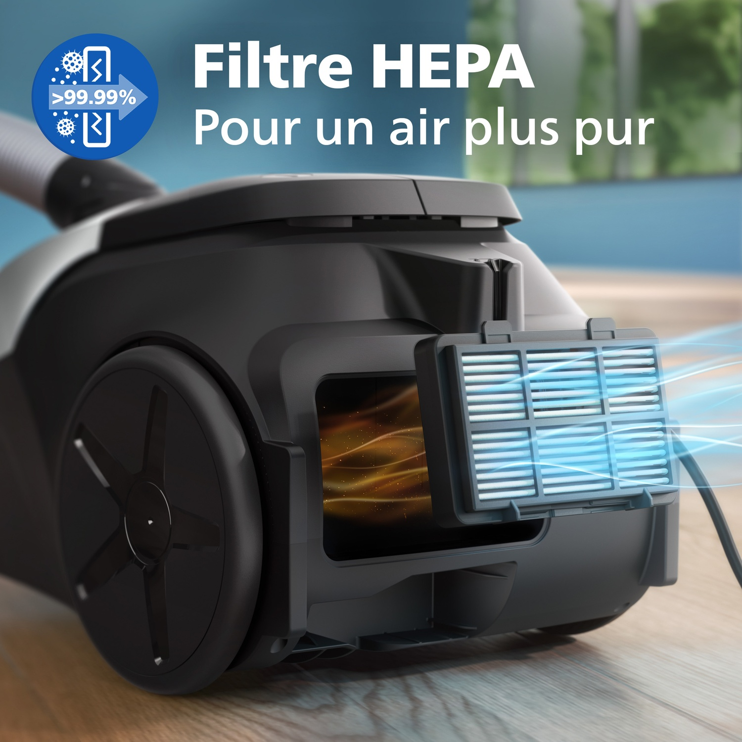 Vacuum cleaner with HEPA filter cleaning air. Text: HEPA Filter For Purer Air.