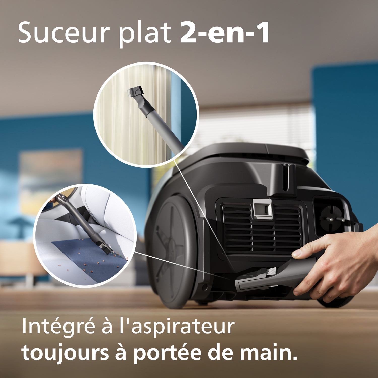 A flat 2-in-1 nozzle, integrated into the vacuum cleaner.