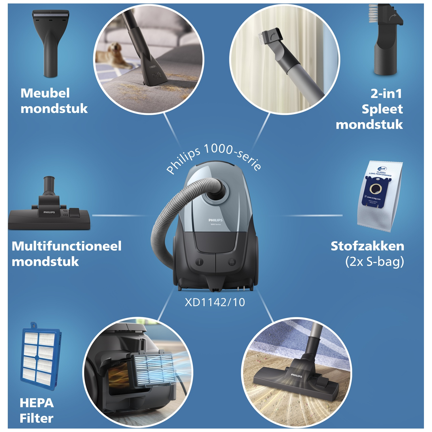 Philips vacuum cleaner with accessories: upholstery, crevice, multi-brush, HEPA filter, dust bags.
