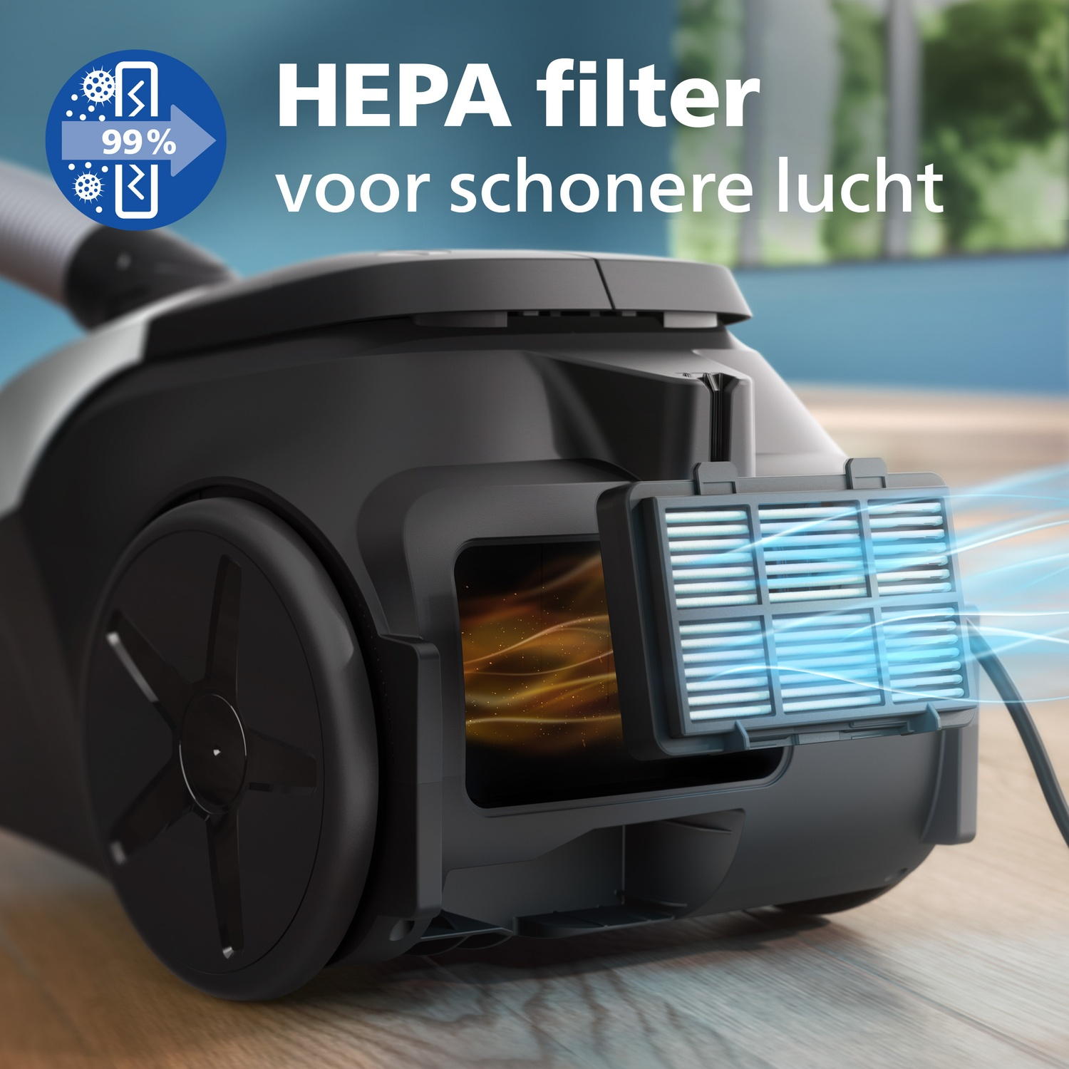 A vacuum cleaner with a HEPA filter, filtering 99% of particles.