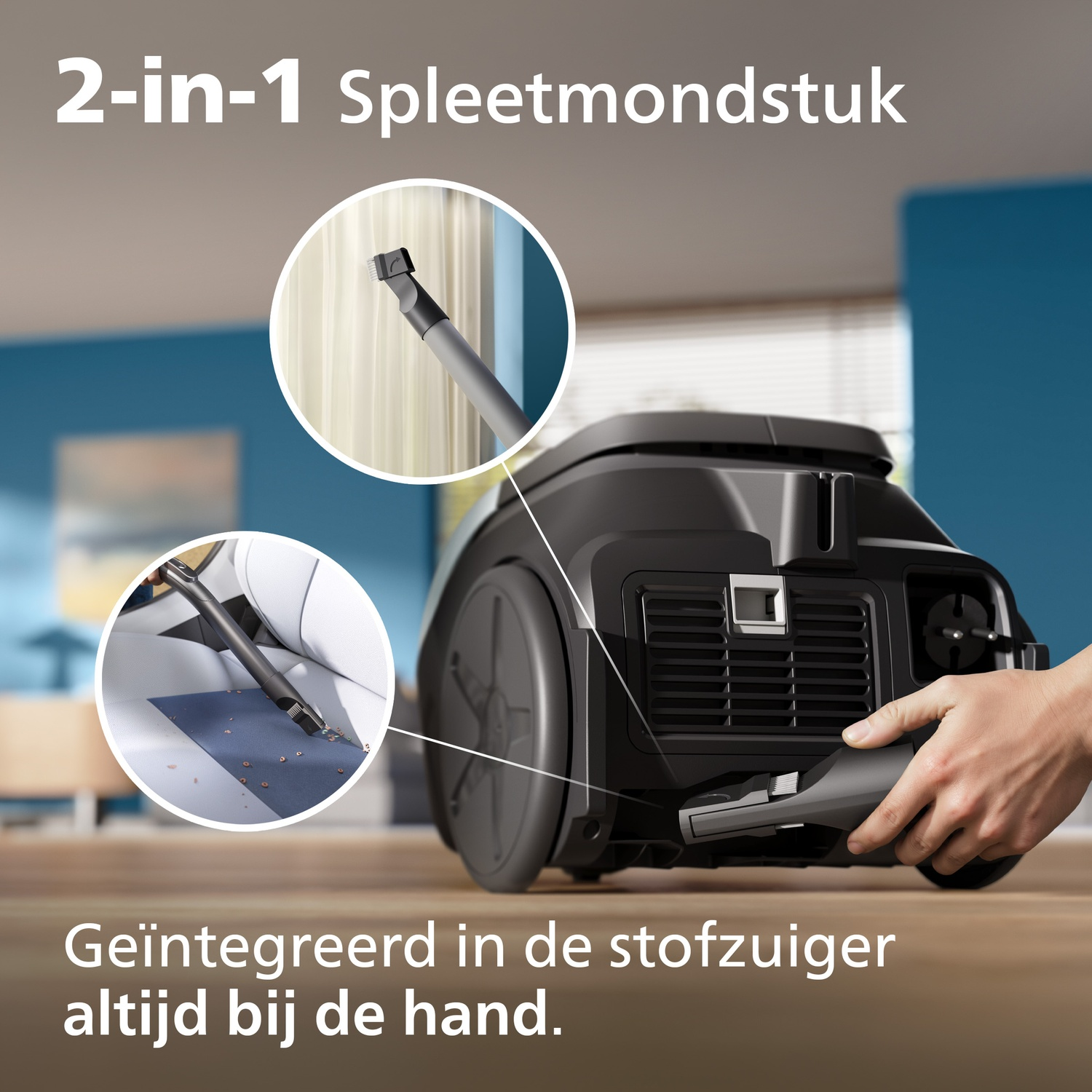 A black vacuum cleaner with two integrated attachments shown in use.