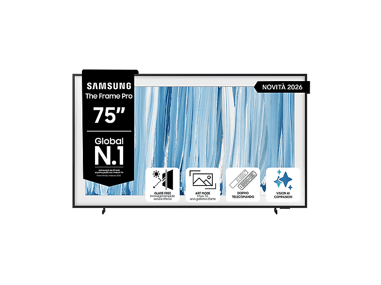 SAMSUNG The Frame Pro AI TV 75” QE75LS03HWUXZT 4K, Processore NQ4 Gen3, 4K Upscaling, Art Mode, Glare Free, Neo Quantum HDR, Dolby Atmos & OTS, Modern Design, Vision Smart TV, 2026