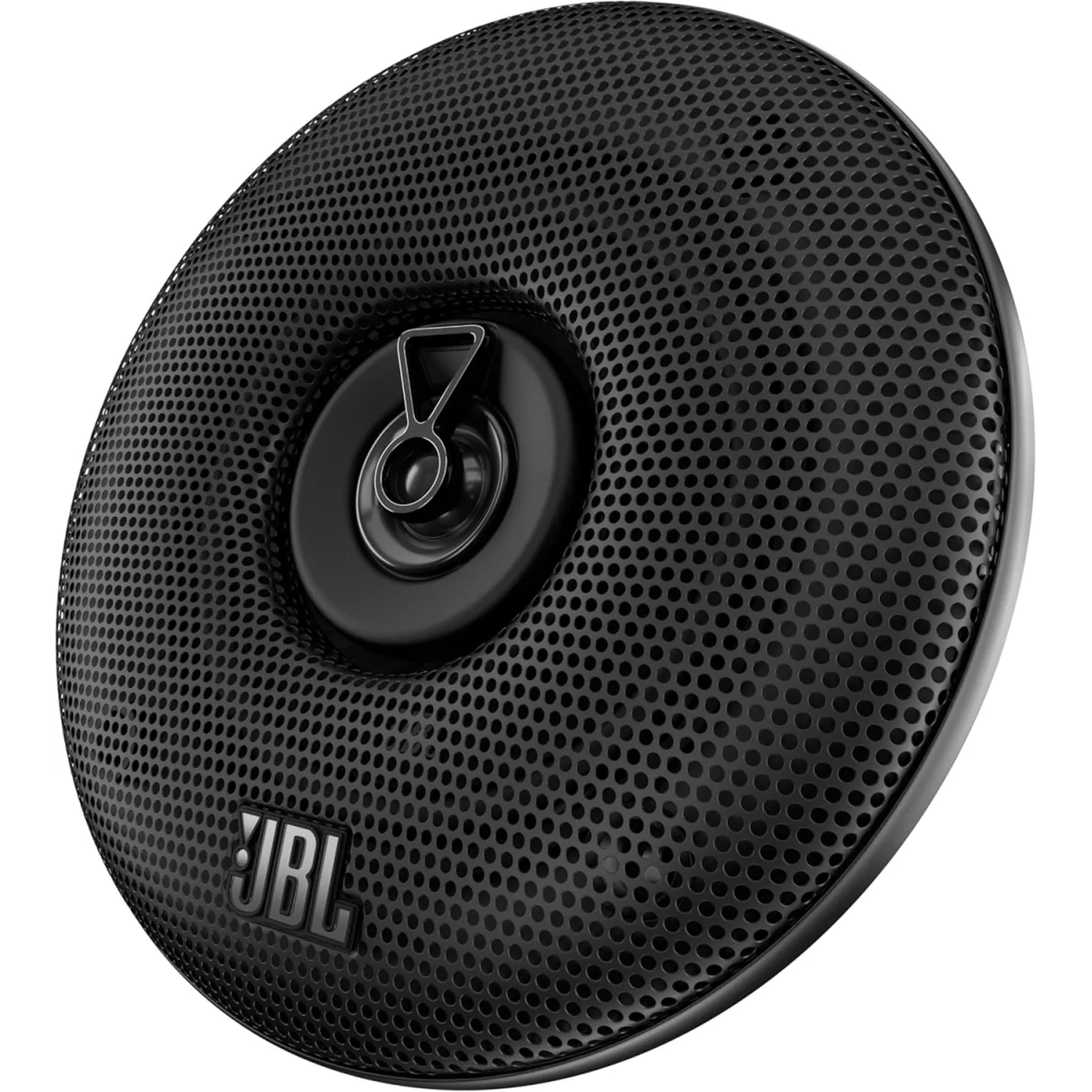 Zwarte JBL luidspreker met geperforeerd rooster en zilveren logo.