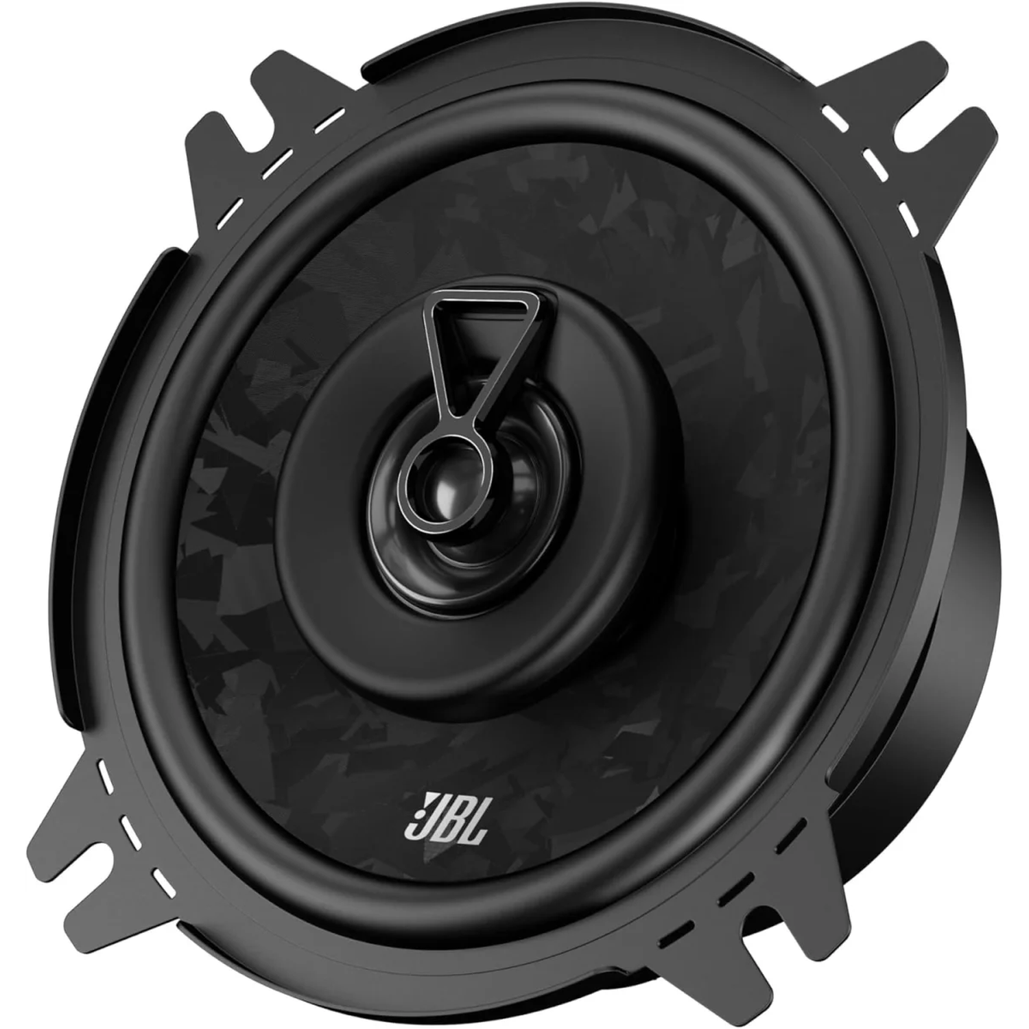Zwarte JBL-luidspreker met zilveren logo en veelhoekig patroon.