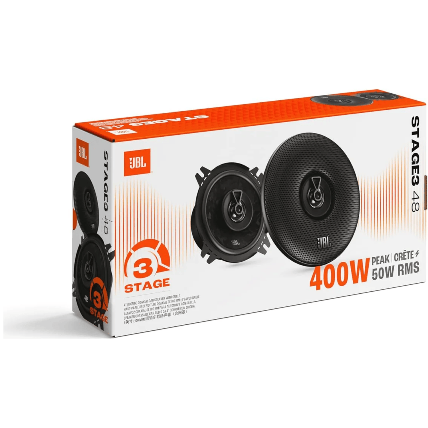 JBL luidsprekerdoos met twee 4-inch coaxiale luidsprekers en vermogensspecificaties.