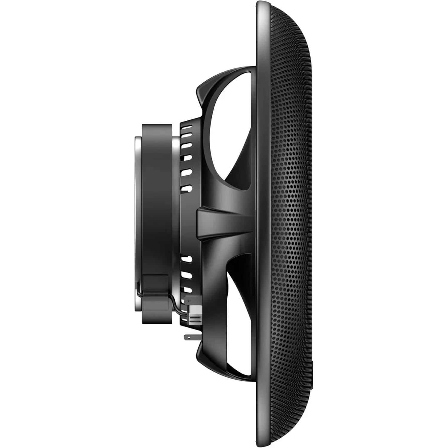Black speaker seen from the side, featuring a perforated grille and magnetic core.
