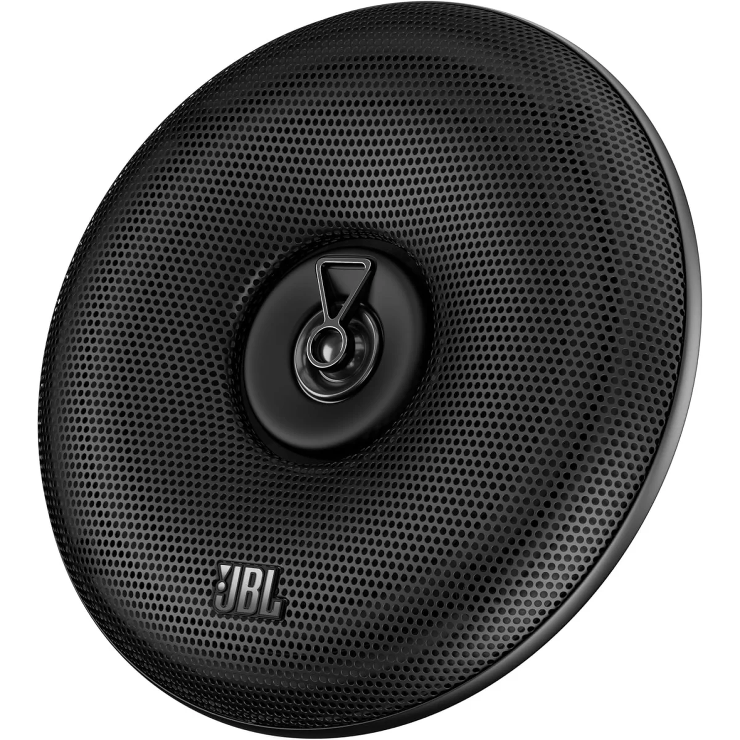 A black JBL speaker with a perforated grille and a silver tweeter.