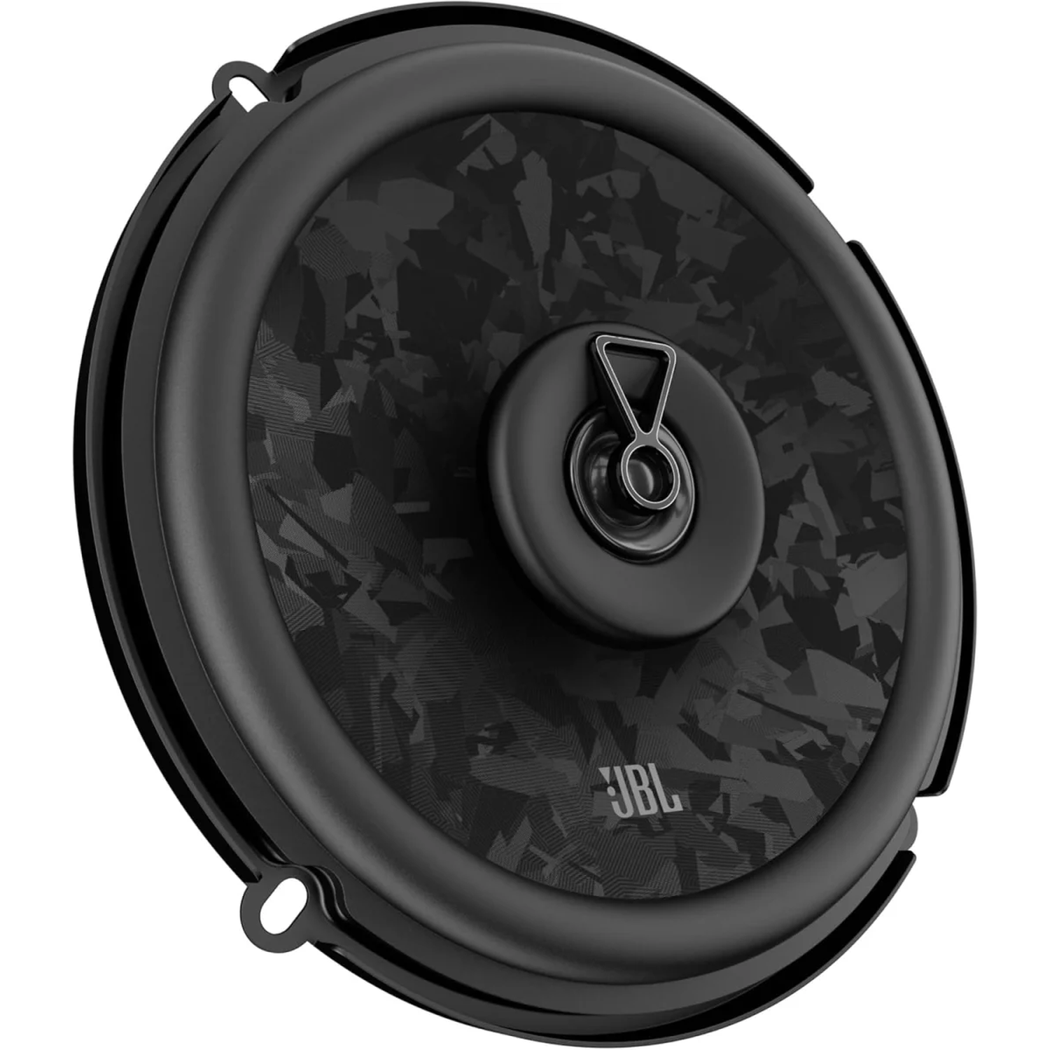 Black speaker with JBL logo and geometric pattern.
